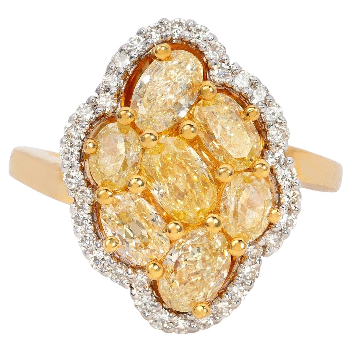 Cluster Natural  Fancy 2.73 Carats Yellow Round Diamond 18K Gold Ring  For Sale