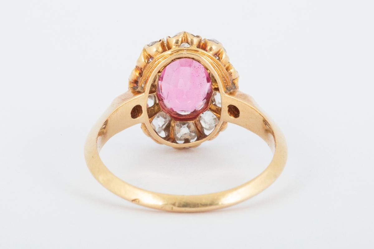 Cushion Cut Victorian Oval Pink Spinel & Diamond Cluster Ring in 18 Carat Gold, English 1865