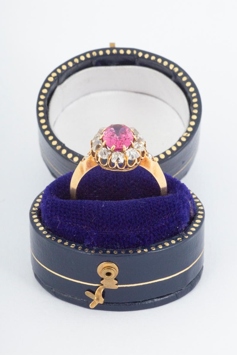 Women's Victorian Oval Pink Spinel & Diamond Cluster Ring in 18 Carat Gold, English 1865