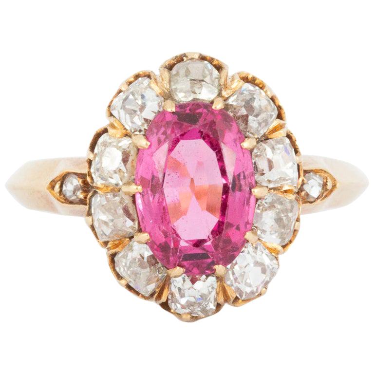 Victorian Oval Pink Spinel & Diamond Cluster Ring in 18 Carat Gold, English 1865