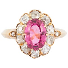 Antique Victorian Oval Pink Spinel & Diamond Cluster Ring in 18 Carat Gold, English 1865