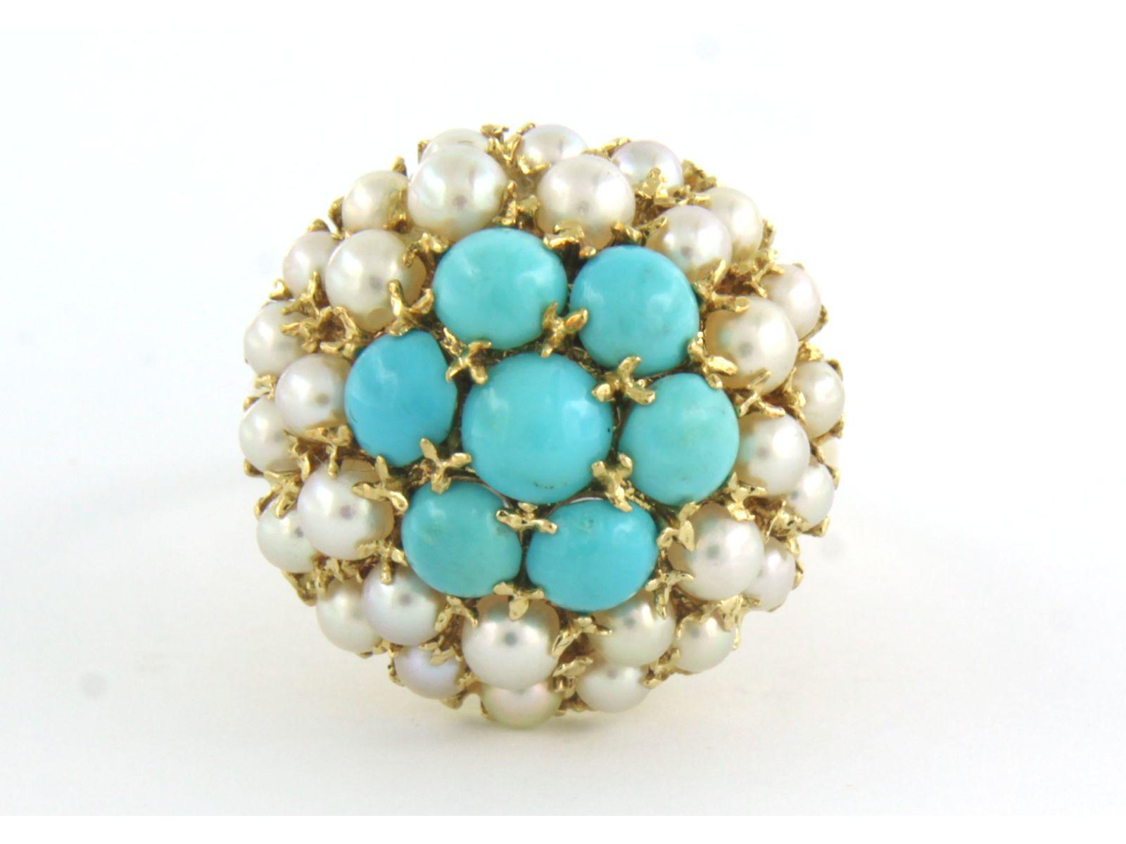 Ring Pearl, Turquoise 18k yellow gold For Sale at 1stDibs