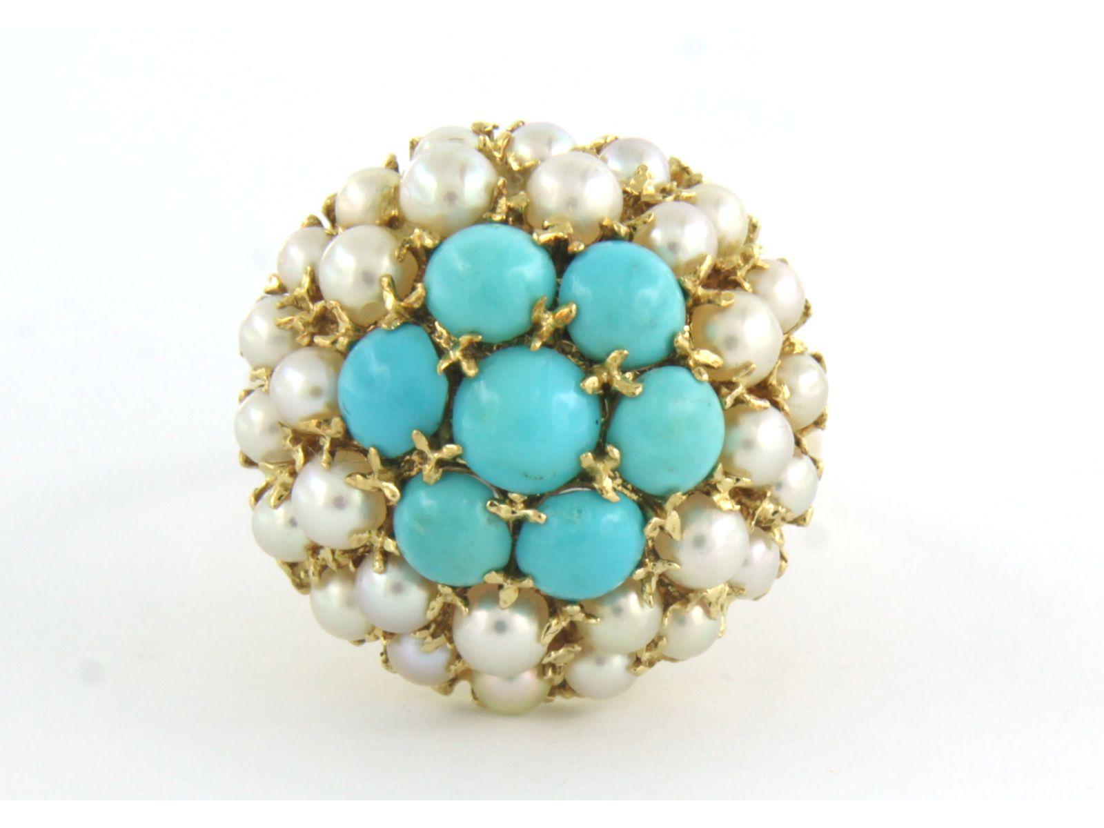 18 kt yellow gold ring set with turquoise and pearls - ring size U.S. 8 - EU 18(57)

detailed description

the top of the ring is 1.9 cm wide by 1.3 cm high

weight 8.6 grams

ring size U.S. 8 - EU 18(57), ring can be enlarged or reduced by a few