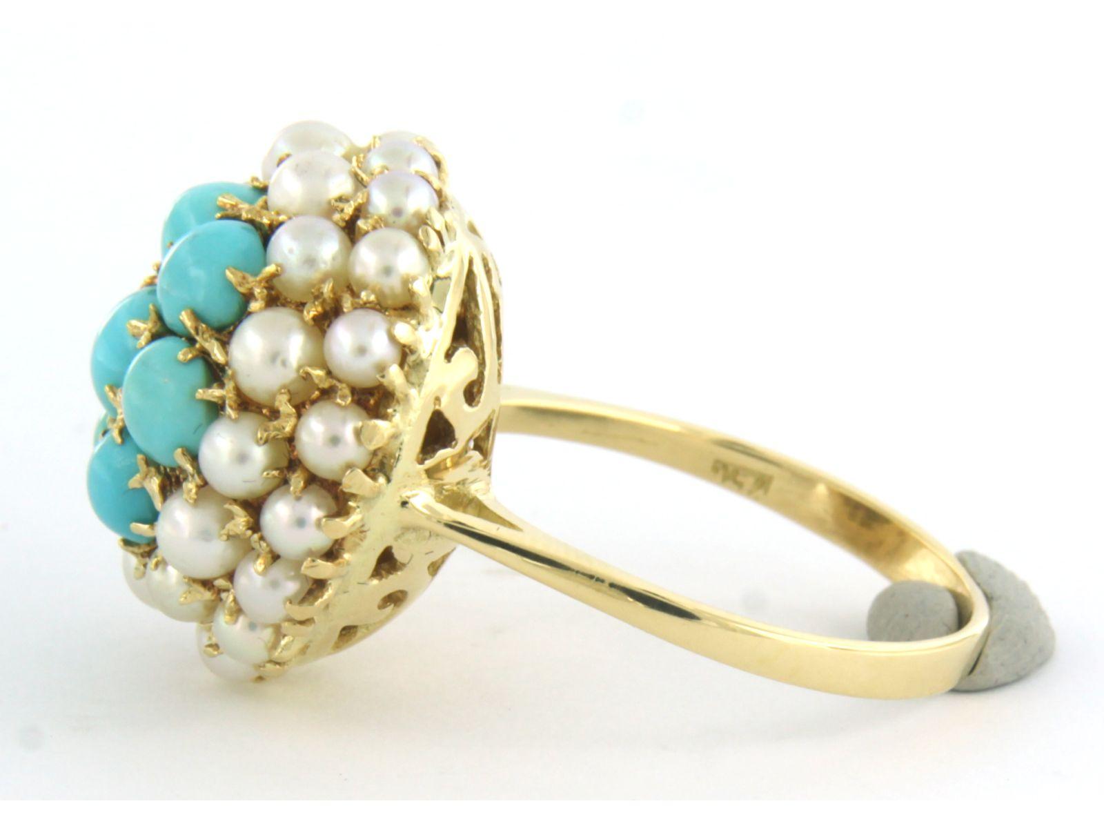 Women's or Men's Ring Pearl, Turquoise 18k yellow gold