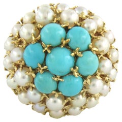 Ring Pearl, Turquoise 18k yellow gold