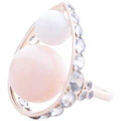 Ring Pink Opal Quartz 26 Aquamarines 10, 10 Grams White Gold 18K Metric 53, 5 