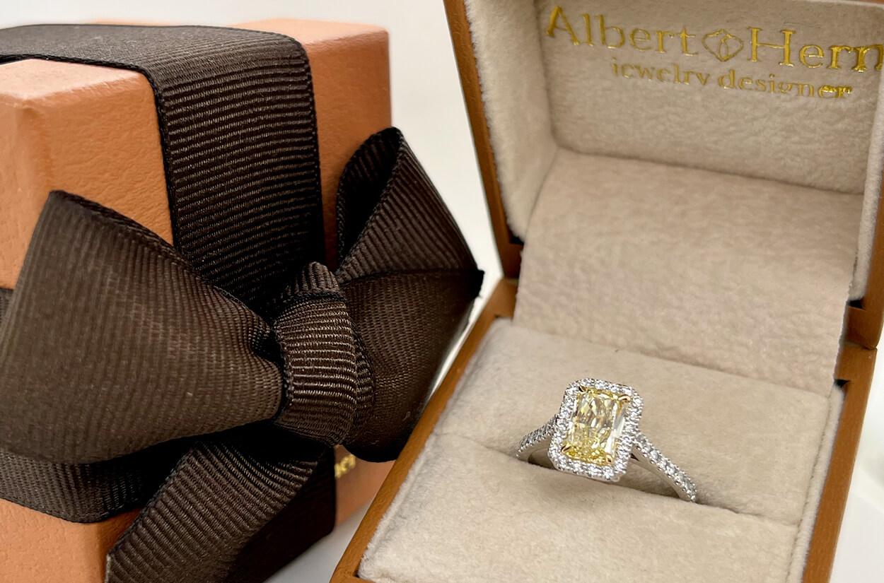 Contemporary Ring Platinum 1.36 Carat GIA Rectangular Fancy Yellow Diamond & 0.41 Carat Pave For Sale