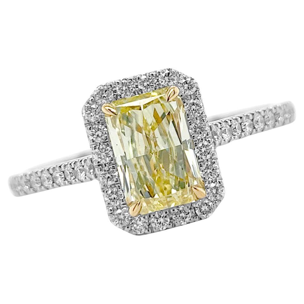 Ring Platinum 1.36 Carat GIA Rectangular Fancy Yellow Diamond & 0.41 Carat Pave For Sale