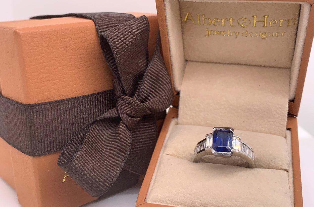 Contemporary Ring Platinum Blue Sapphire 1.50 cts. & Diamonds For Sale