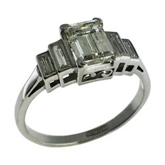 Ring, Platinum, Five-Stone Emerald Cut Diamond, Engagement Ring, 0, 90 Carat