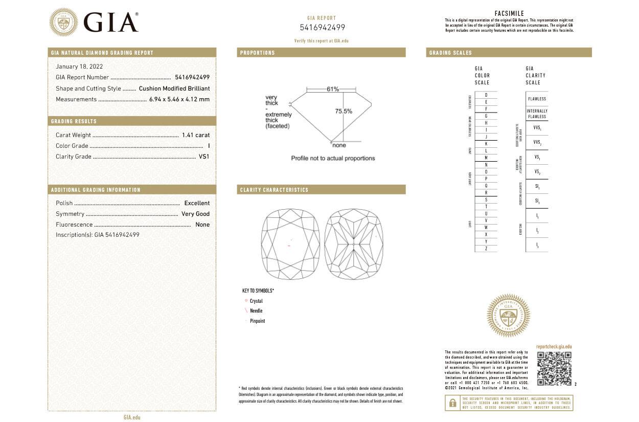 Cushion Cut Ring Platinum GIA Modified Cushion Diamond 1.41 cts & 10 Pave Diamonds 0.23 cts