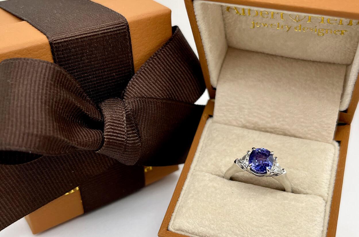 Ring Platinum no-heated Blue Sapphire natural color change 0,85 carats, GIA, enhanced by Two Trillion Cut Diamonds 0,41 carats. Size 5.75

GIA REPORT 6237115432

Perfect High Jewelry Gift for Girlfriend, Daughter, Birthday or Valentines.
