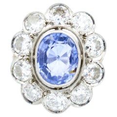 Ring Pompadour Platinum Diamonds and Sapphire, Art Deco Ring