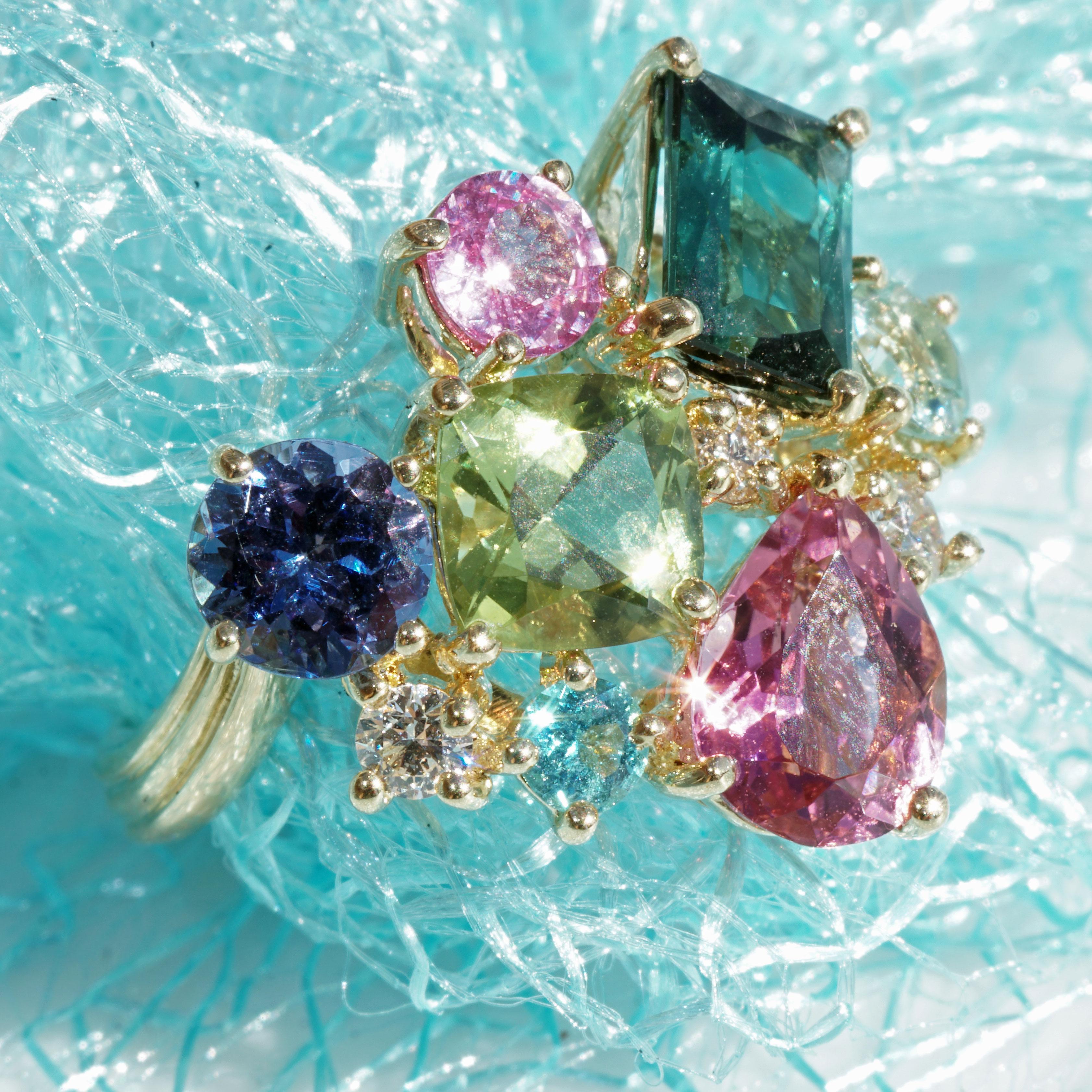 Ring Potpourrie of Colors Indigolite Tourmaline Zircon Zoisite Brilliants 0.15 For Sale 5