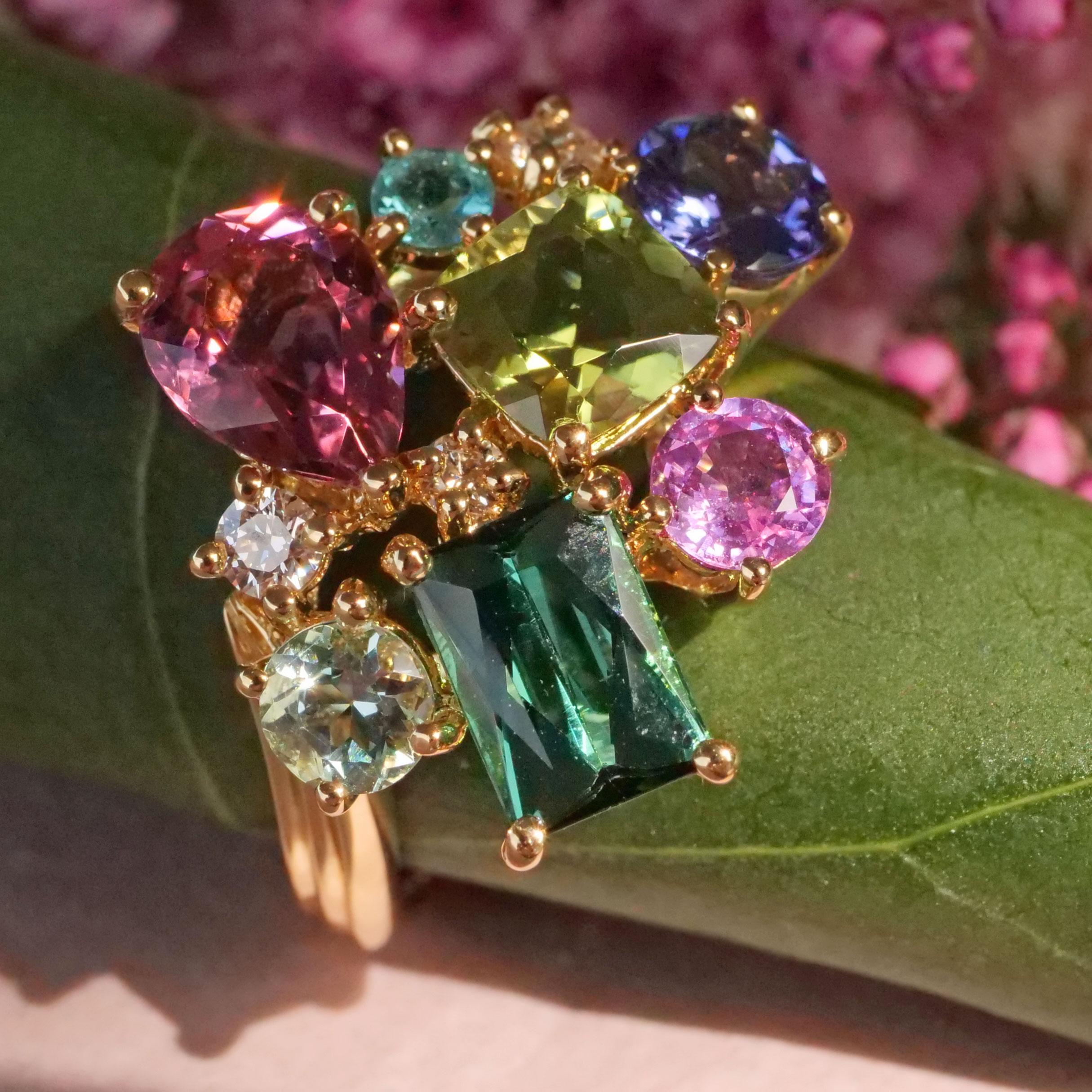 Ring Potpourrie of Colors Indigolite Tourmaline Zircon Zoisite Brilliants 0.15 For Sale 6
