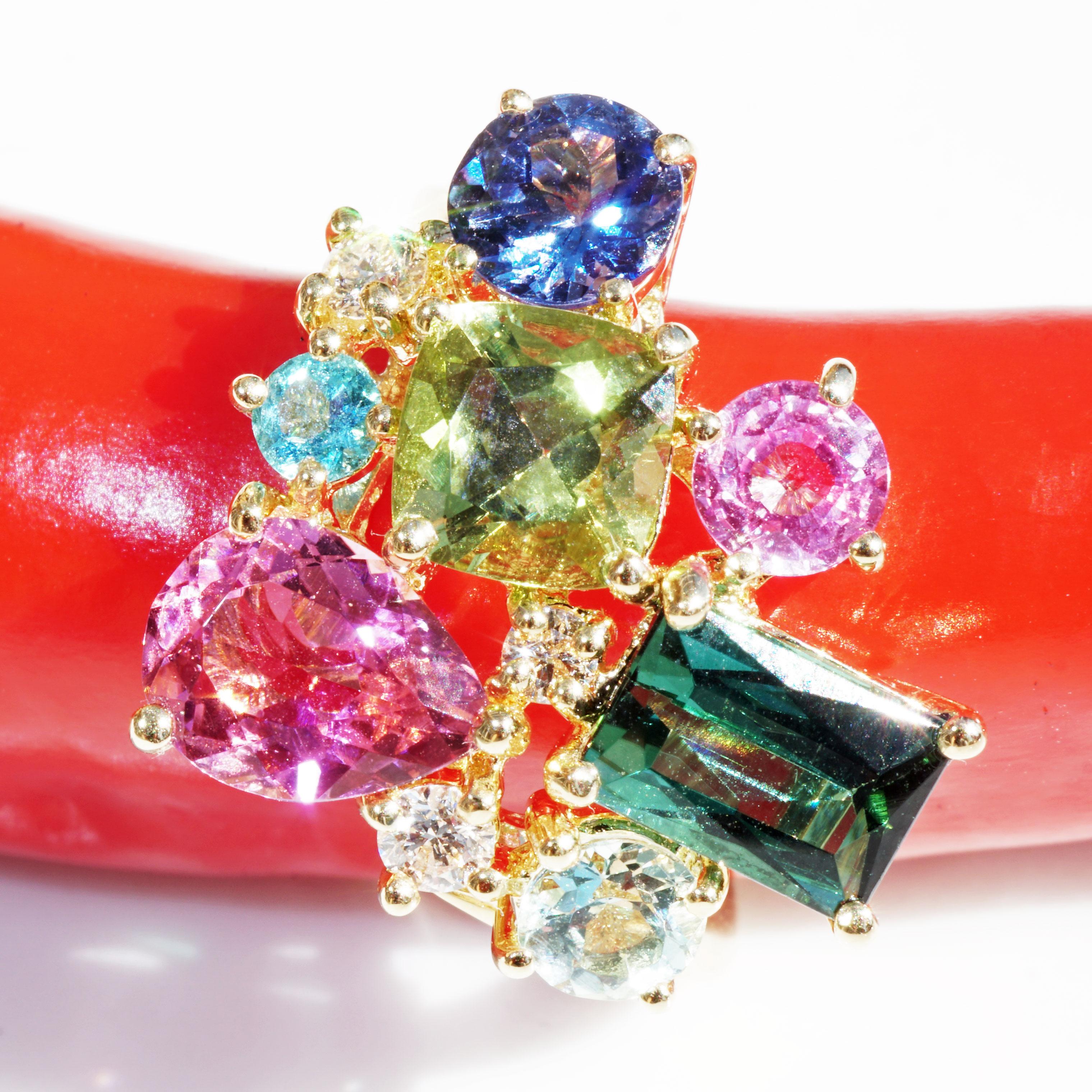 Ring Potpourrie of Colors Indigolite Tourmaline Zircon Zoisite Brilliants 0.15 In New Condition For Sale In Viena, Viena