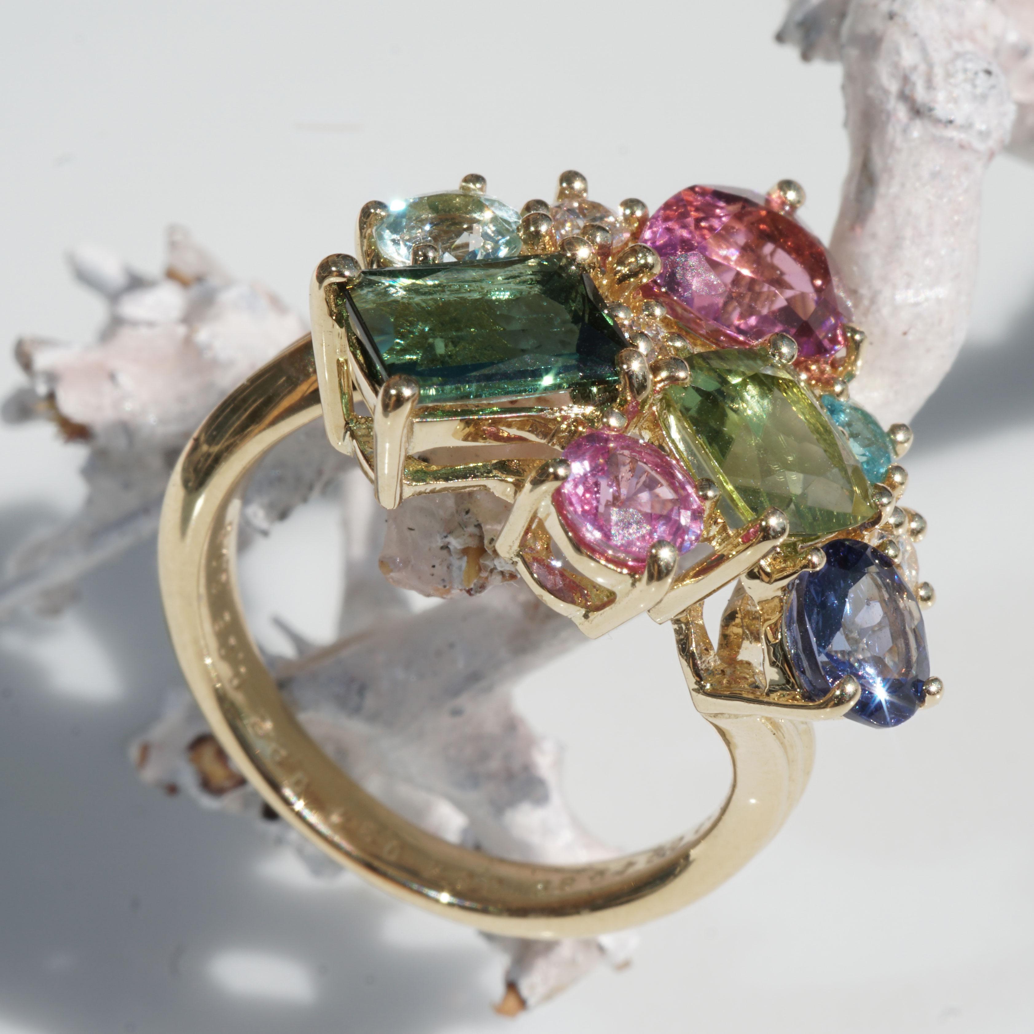 Ring Potpourrie of Colors Indigolite Tourmaline Zircon Zoisite Brilliants 0.15 For Sale 1