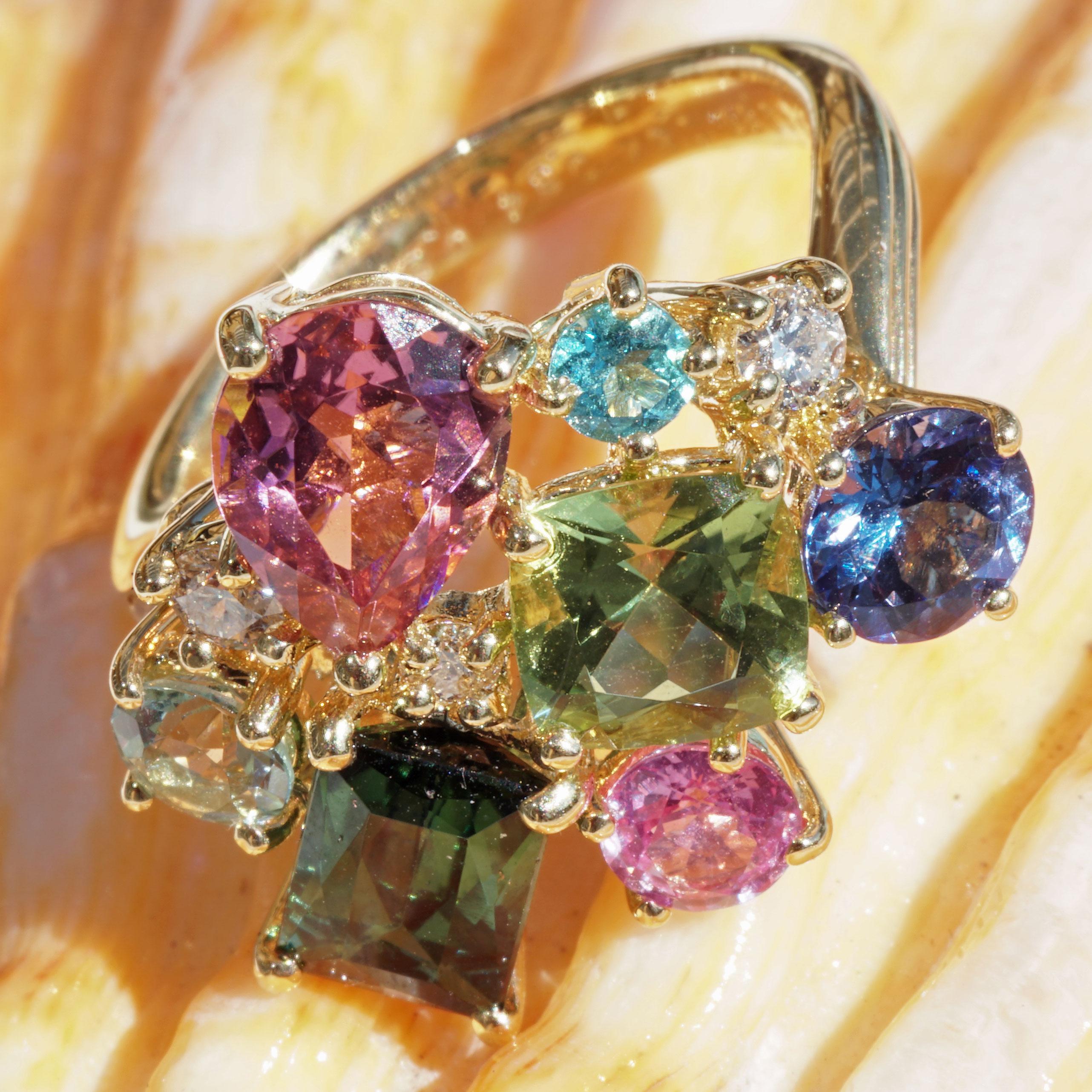 Ring Potpourrie of Colors Indigolite Tourmaline Zircon Zoisite Brilliants 0.15 For Sale 3