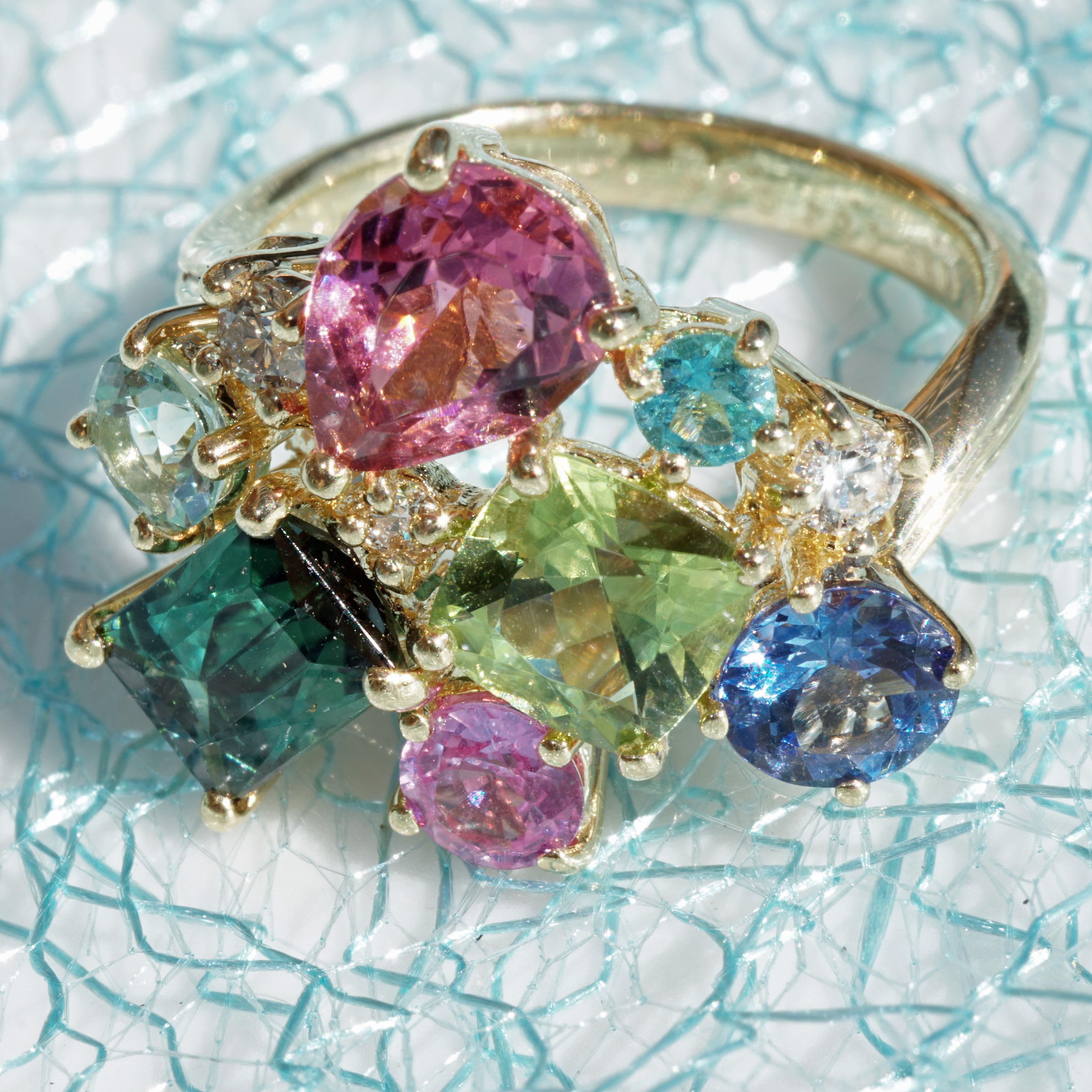 Ring Potpourrie of Colors Indigolite Tourmaline Zircon Zoisite Brilliants 0.15 For Sale 4