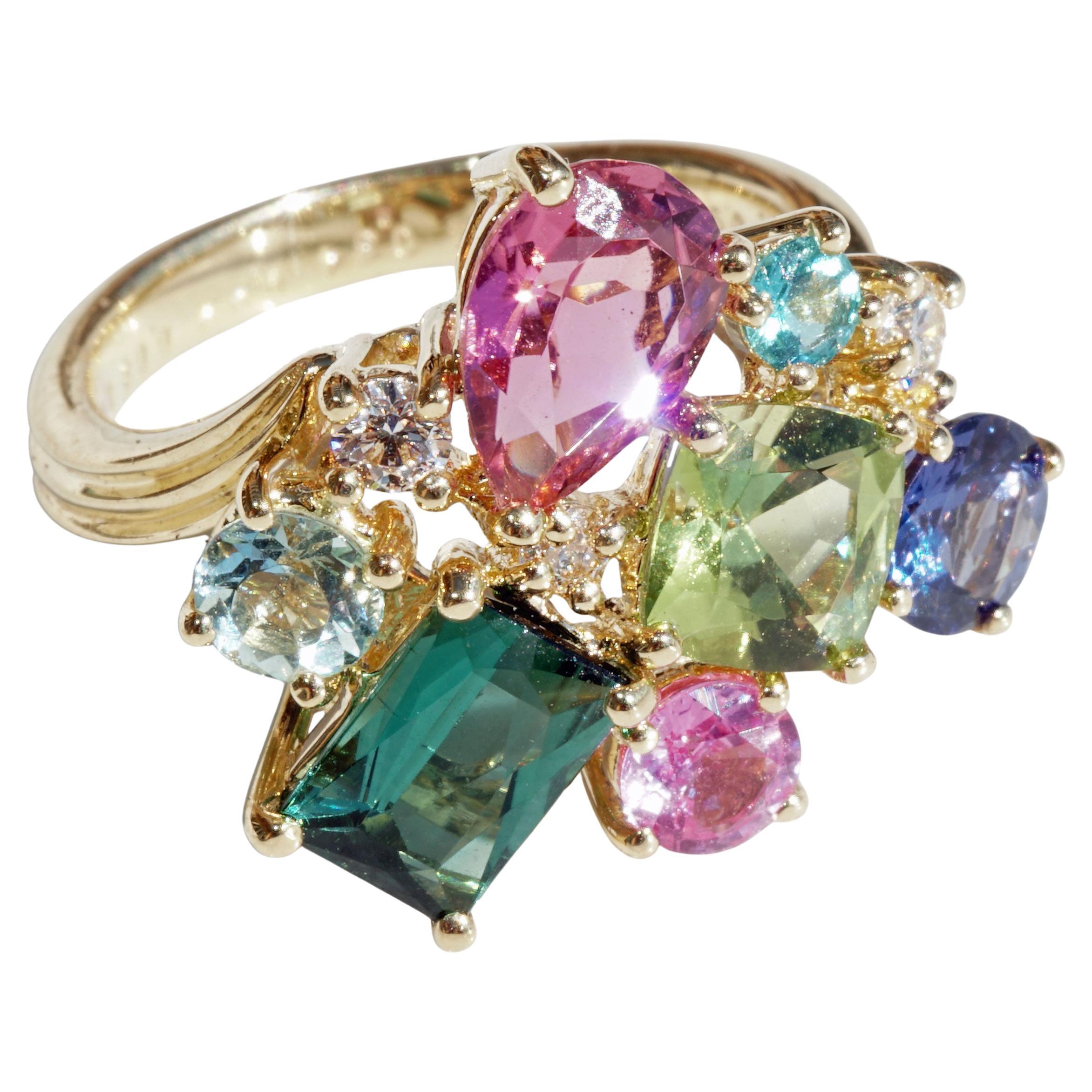 Ring Potpourrie of Colors Indigolite Tourmaline Zircon Zoisite Brilliants 0.15 For Sale
