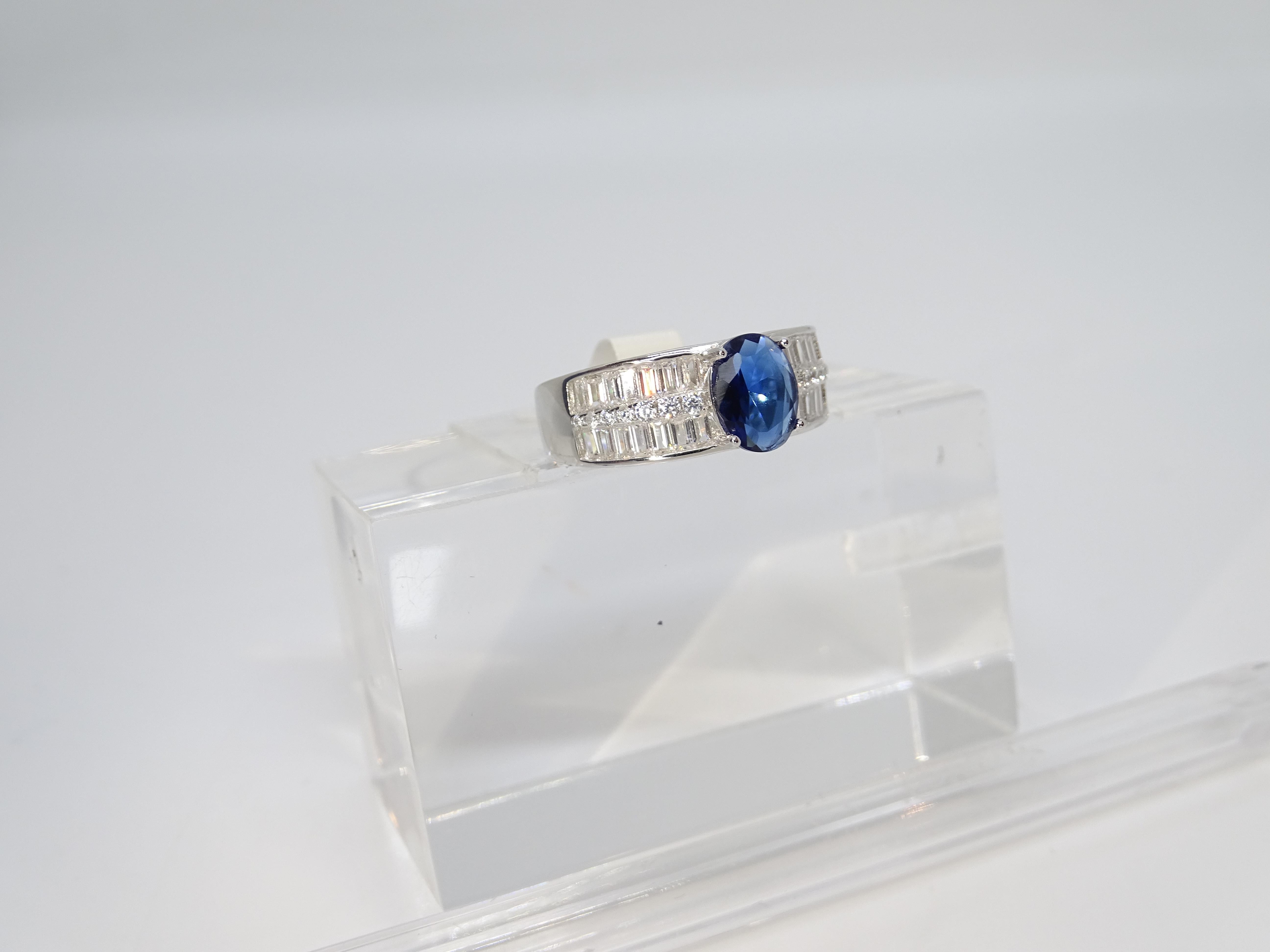 Anello / anello Italia, zaffiro radice e zirconi taglio baguette, argento 925 in vendita 4