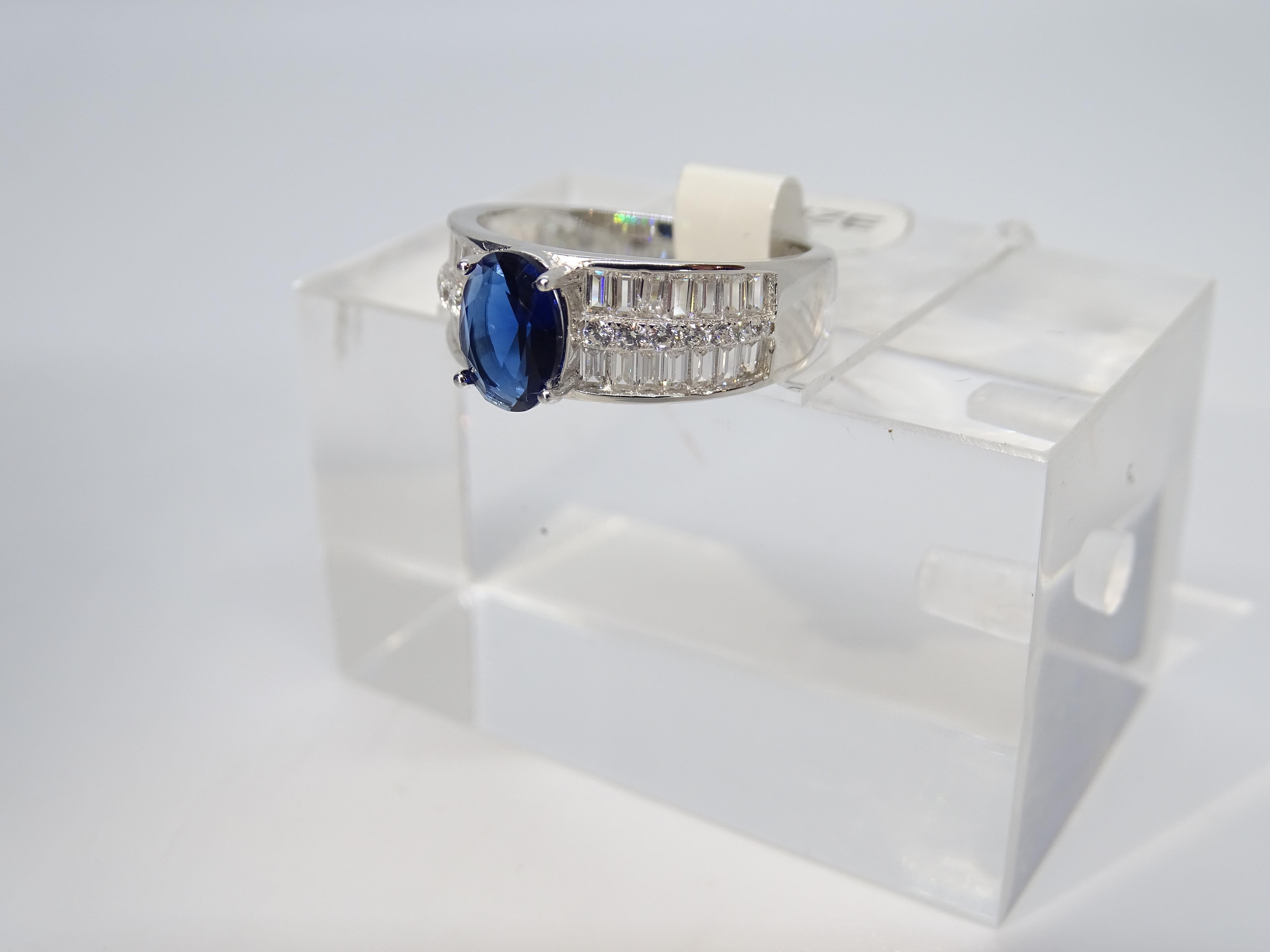 Anello / anello Italia, zaffiro radice e zirconi taglio baguette, argento 925 in vendita 7