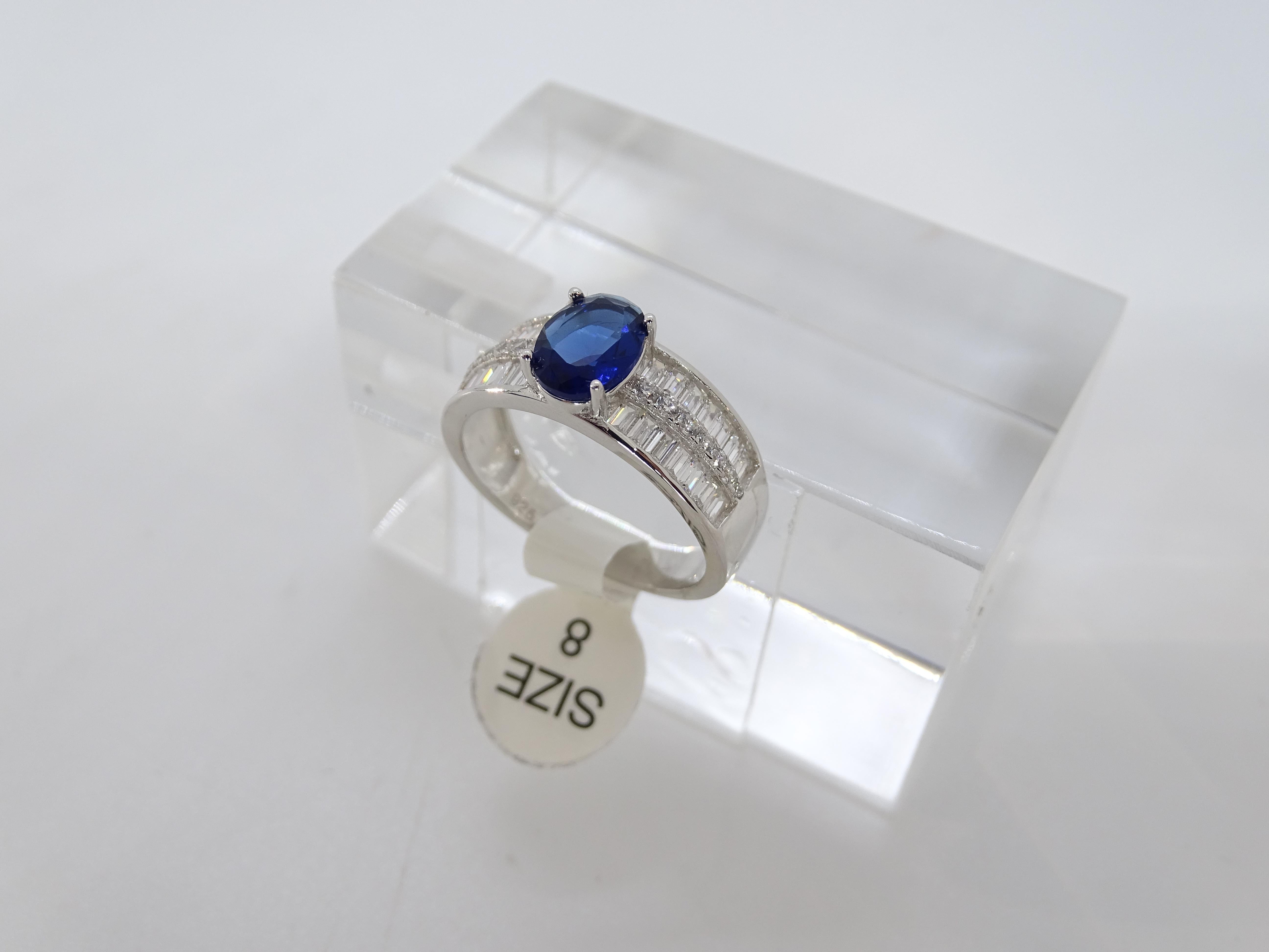 Anello / anello Italia, zaffiro radice e zirconi taglio baguette, argento 925 in vendita 2
