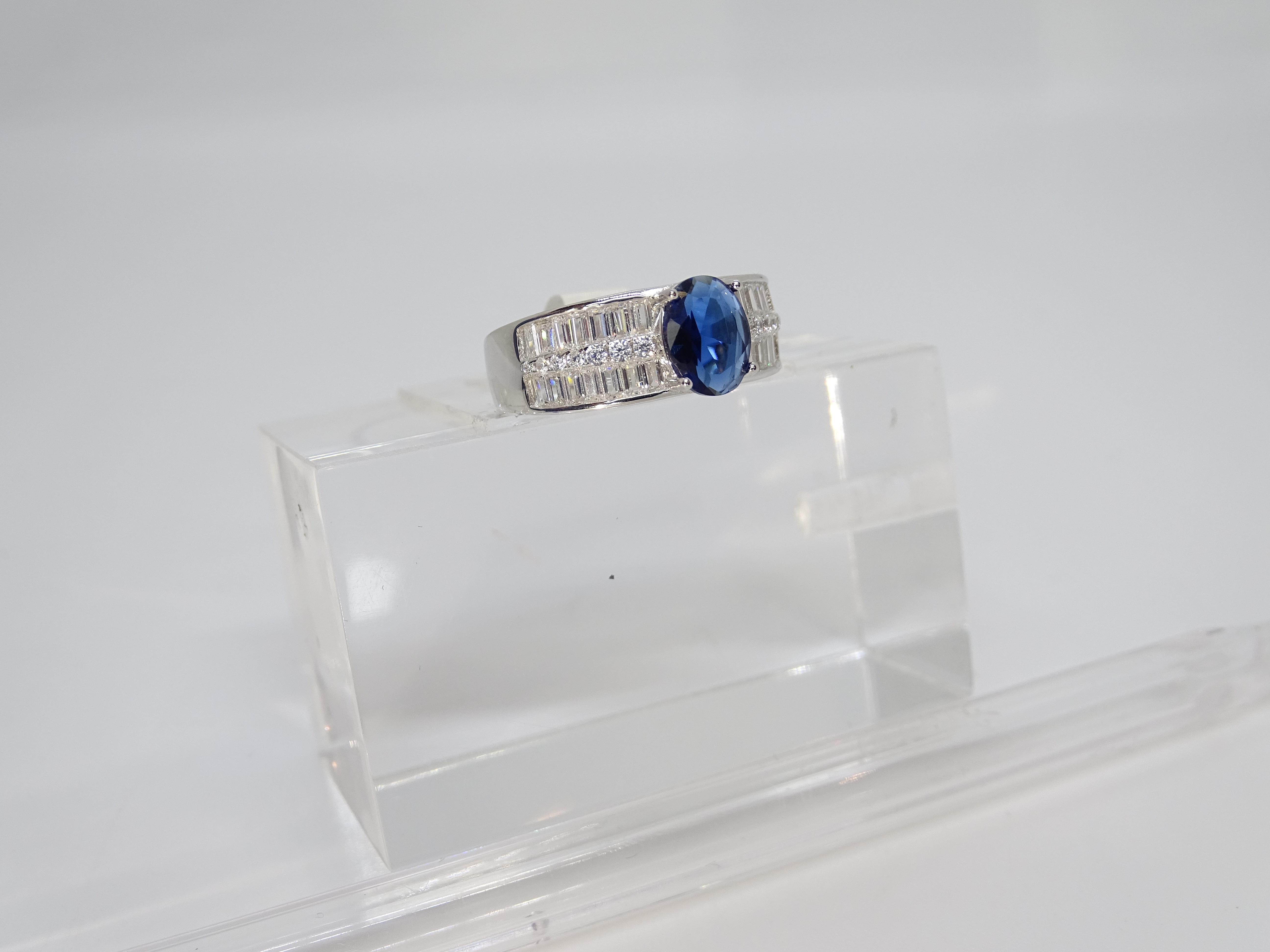 Anello / anello Italia, zaffiro radice e zirconi taglio baguette, argento 925 in vendita 3