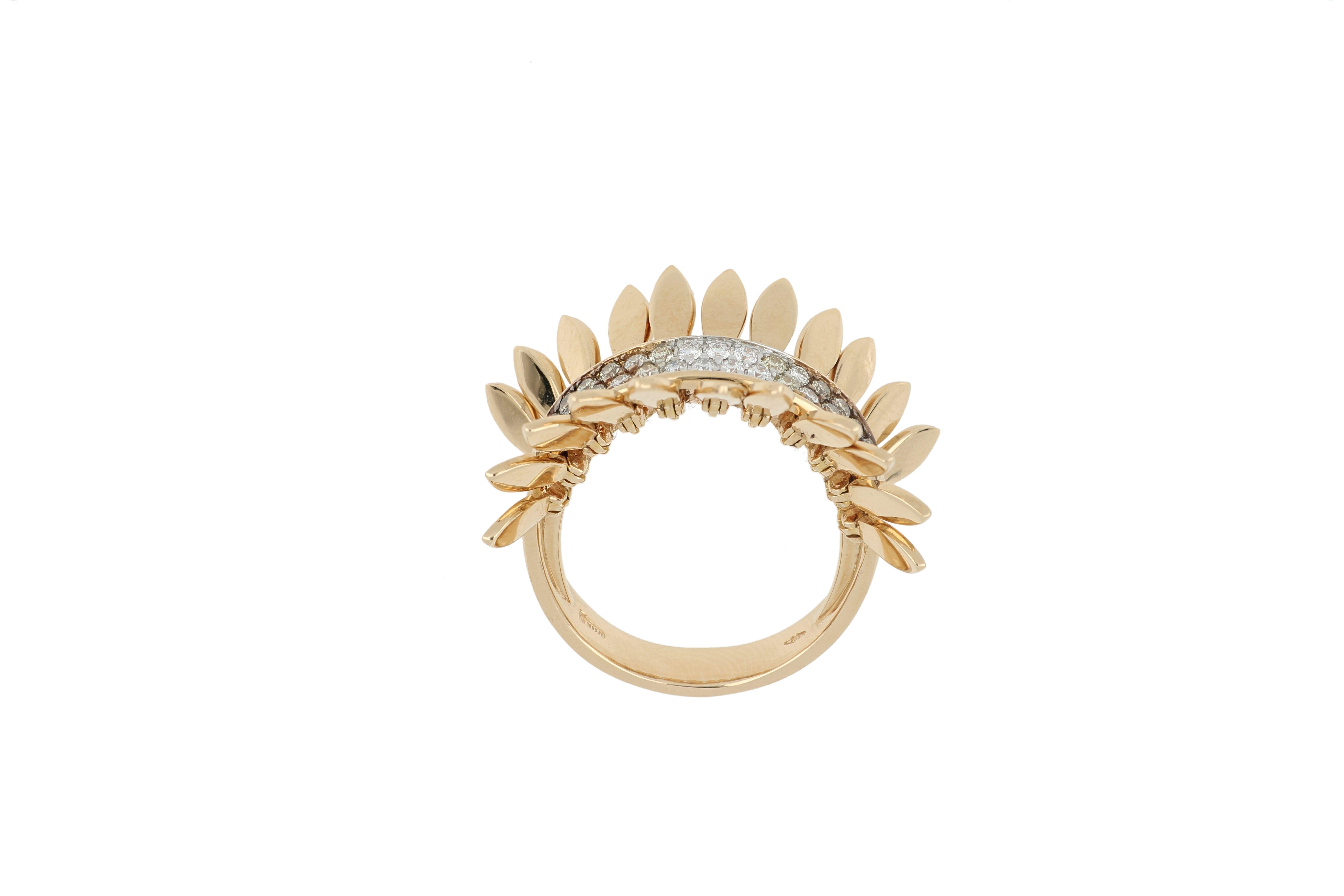 This gorgeous ring design in the Spettinato collection was inspired by techniques seen in hand knitting, macrame, and batik and wanting to toy with the concept of elegance. 18k rose gold, this stunning ring is adorned beautifully with white, crem