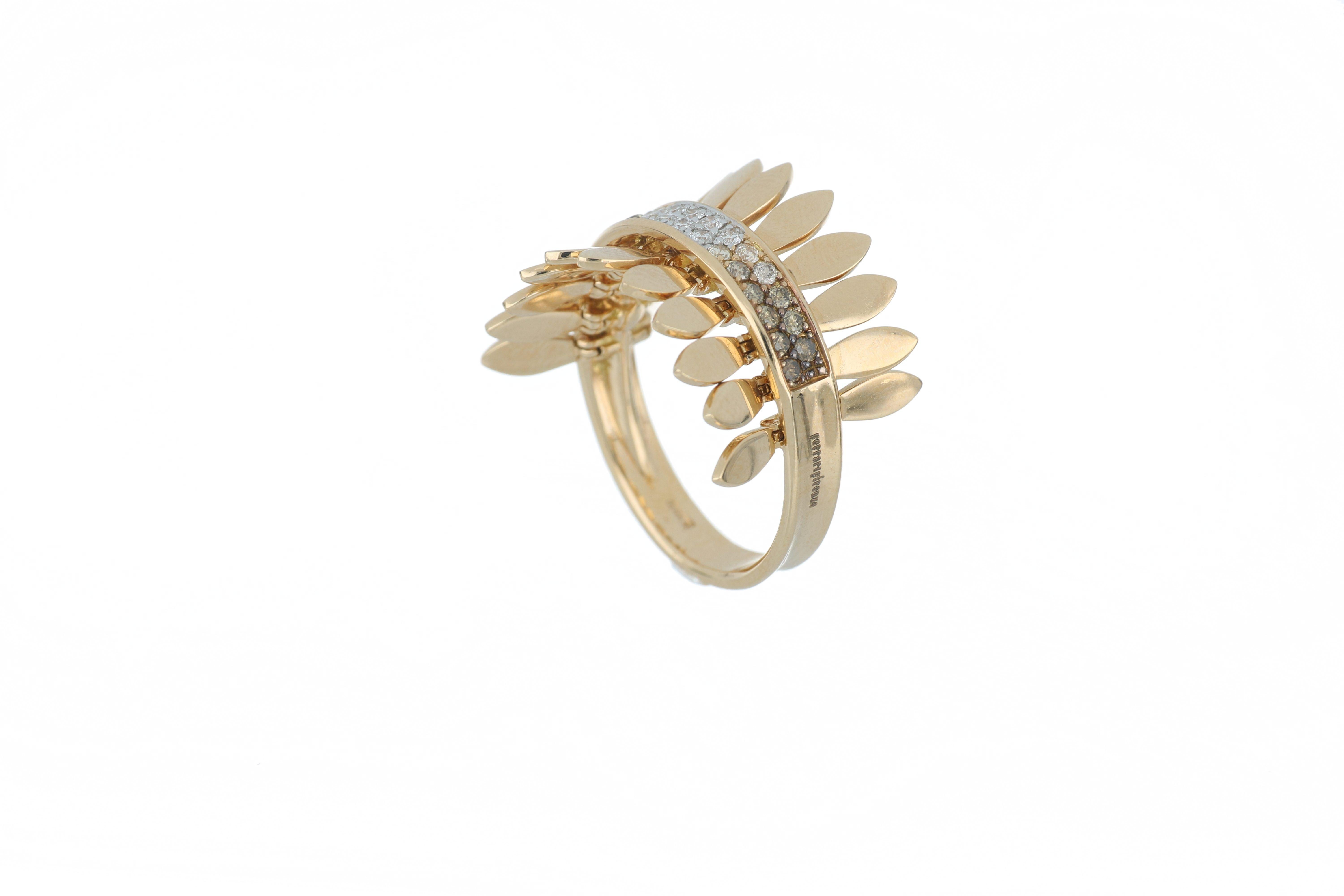 Women's Ring Rose Gold 18 Karat and Cream, Brown and White Diamond VS Color G, Handmade For Sale