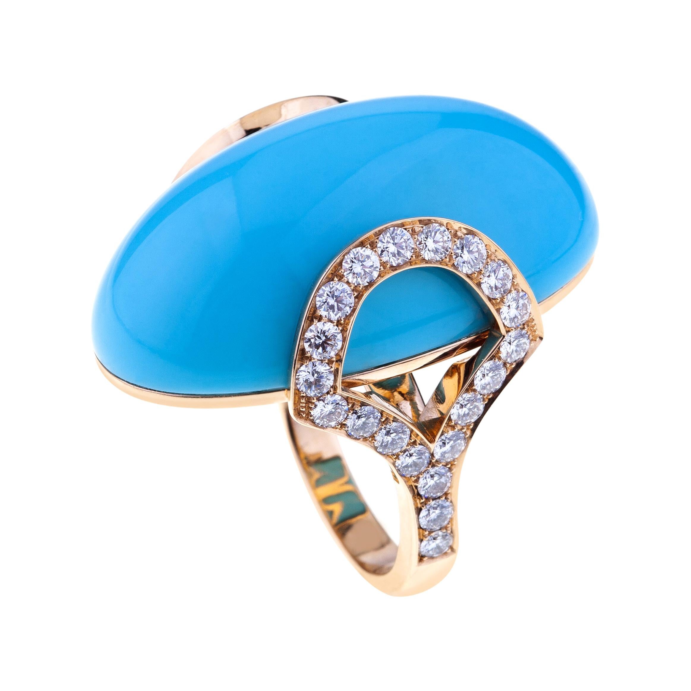 Ring Rose Gold with Big Sleeping Beauty Turquoise and Diamonds For Sale