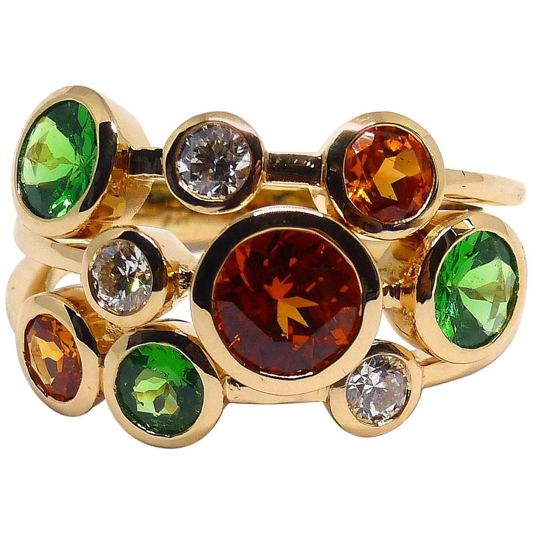 Ring Rose Gold with Mandarine Garnet and Tsavorite and Diamond 18 Karat 