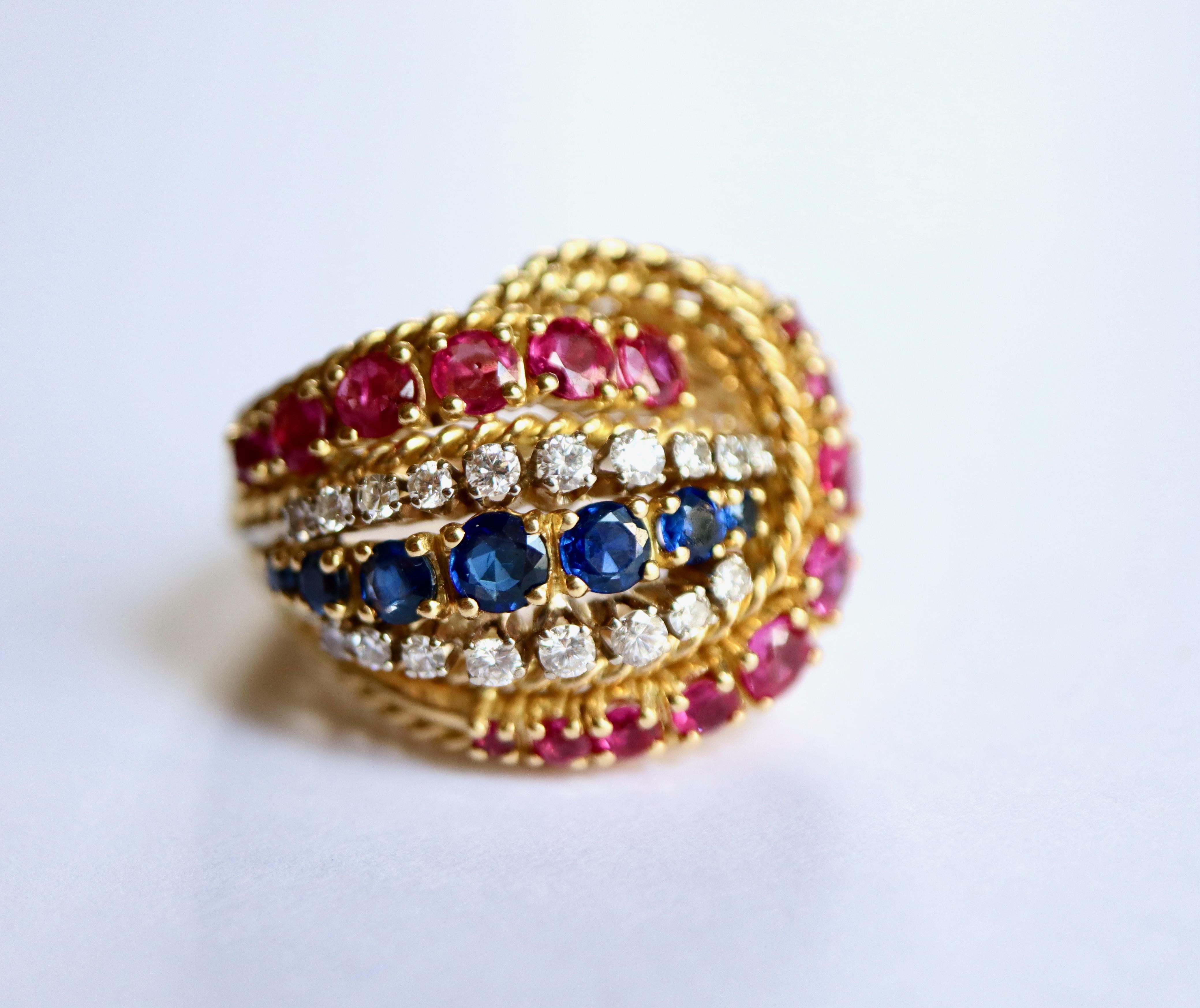 Brilliant Cut Ring Ruby Sapphire circa 1950 Yellow Gold 18 Carat, Ruby and Diamonds For Sale