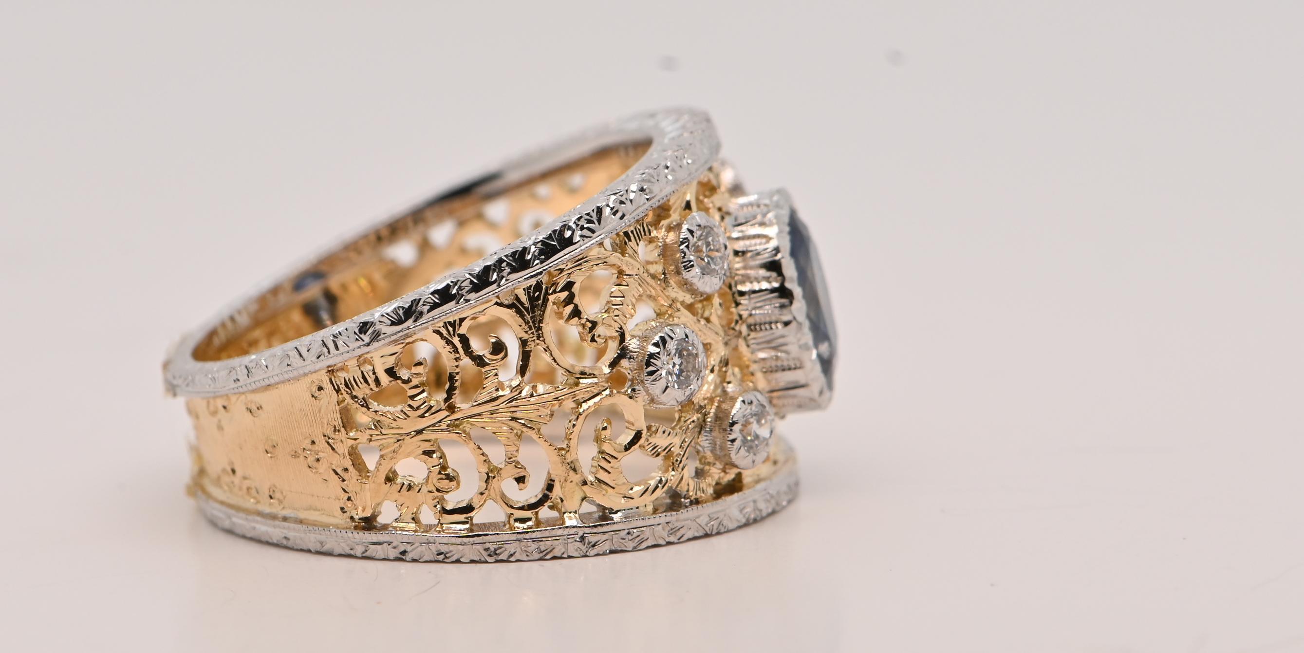 Contemporain Bague Saphir 0, 95 Carats Diamants 0, 18 Carats Or bicolore 18 Carats en vente
