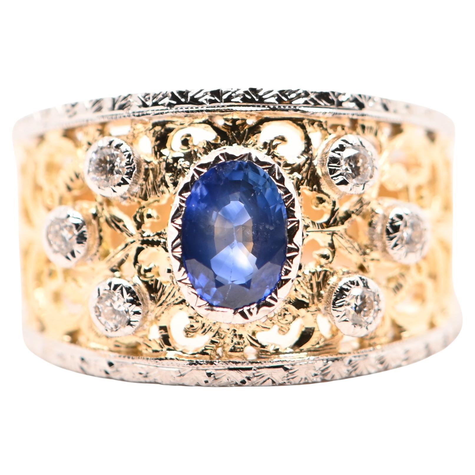 Ring Sapphire 0, 95 Carats Diamonds 0, 18 Carats Two-Tones Gold 18 Carats