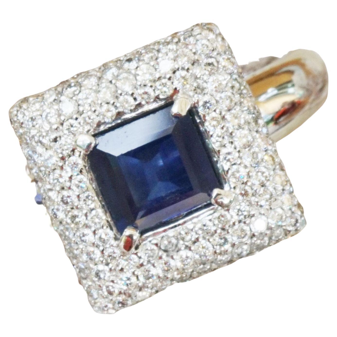 Ring Sapphire Brilliant Royal Blue TW VVS 750 White Gold Modern Square Design