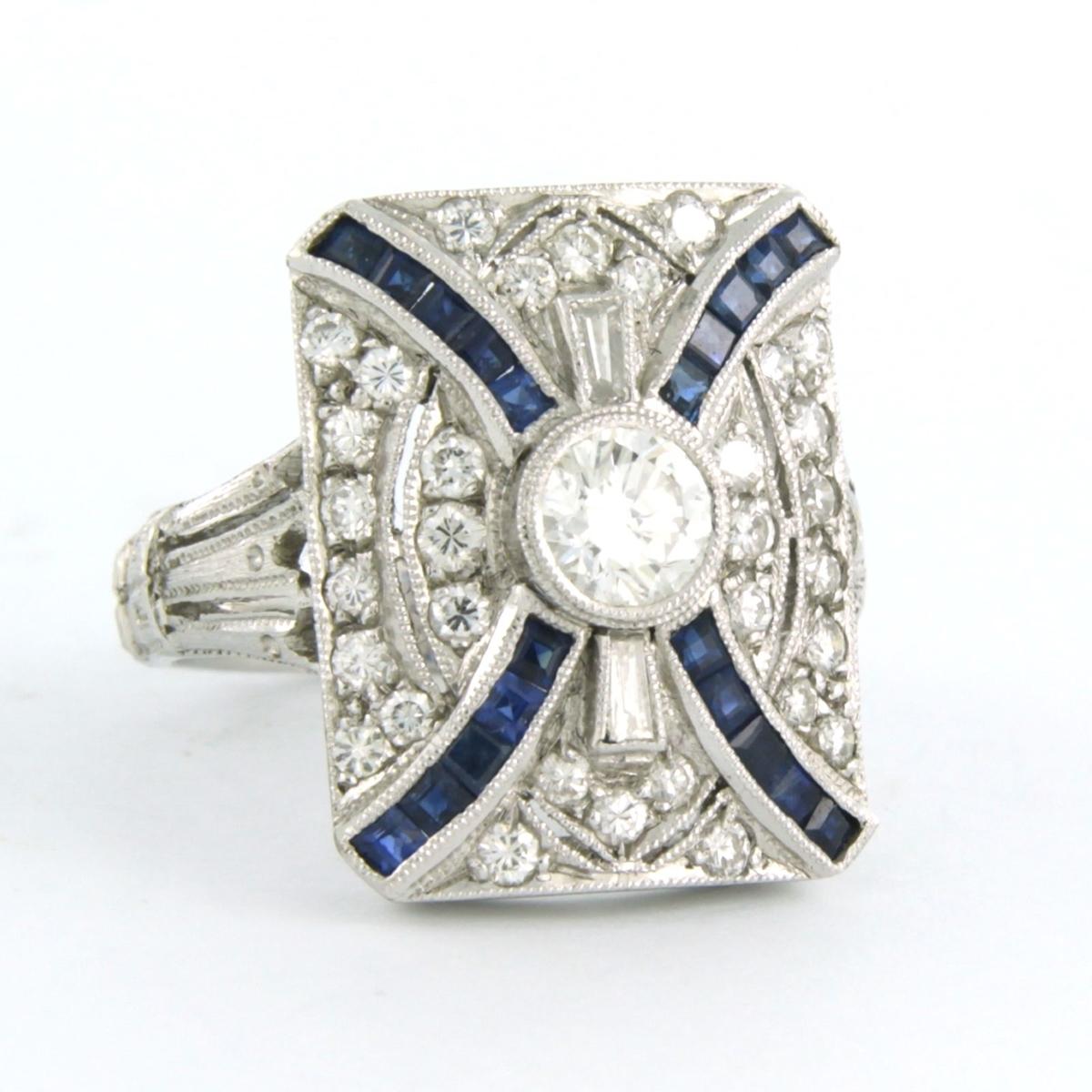 Art Deco Ring Sapphire Diamond 18k white gold For Sale