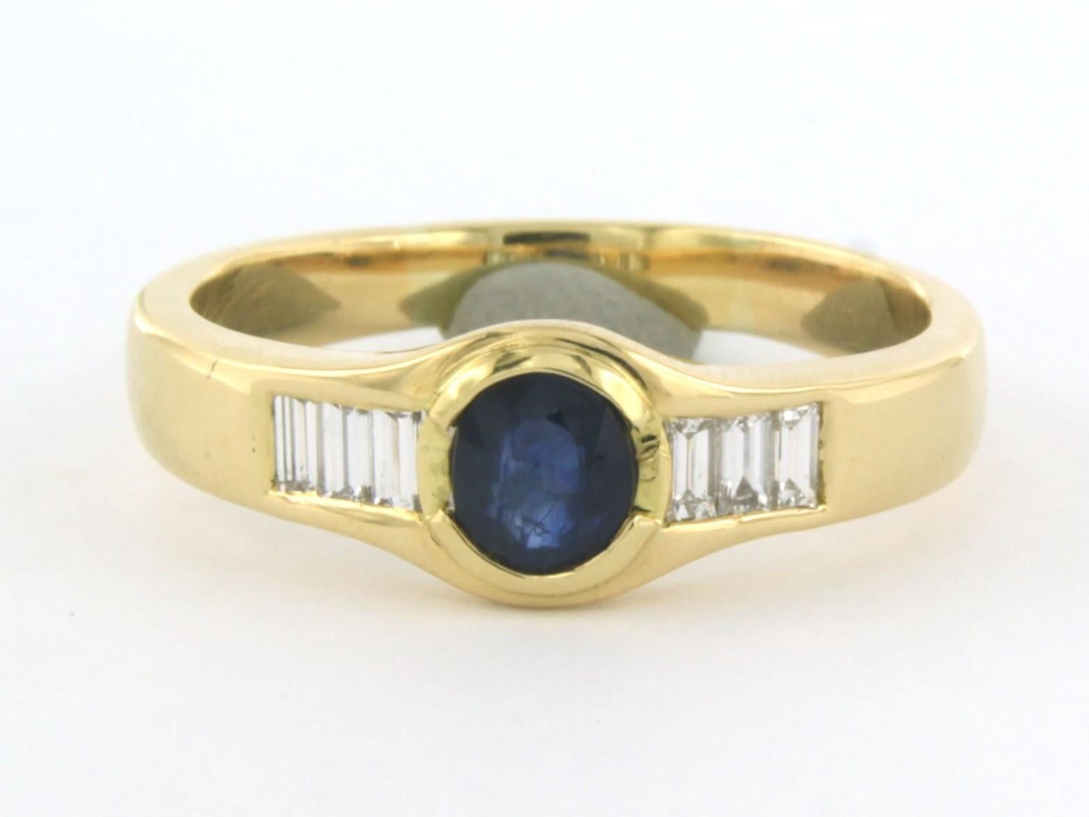 18k yellow gold ring set with sapphire 0.70 carat and baguette cut diamonds total 0.50 carat F/G VS/SI - ring size 21.25 (66)

detailed description

The front of the ring is 8.1 mm wide

Ring size : 21.25 (66)

weight : 8.0 grams

set with:

- 1 x