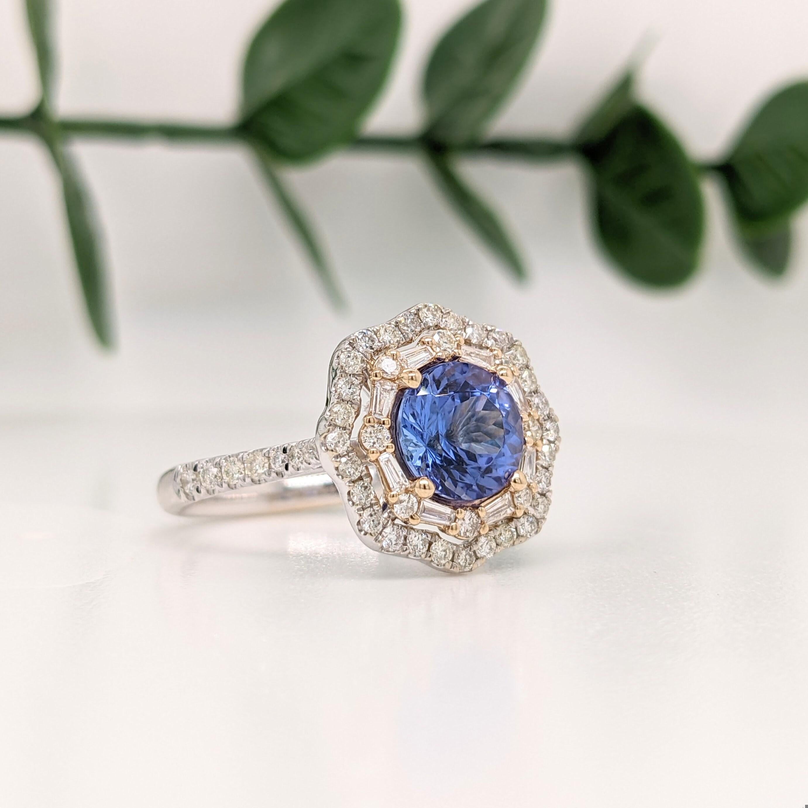 This listing is for a ring semi mount only (no center stone). This original ring design features a 7.5mm round basket with natural earth mined round and baguette diamonds that form a gorgeous double halo, all set in solid 14K gold.