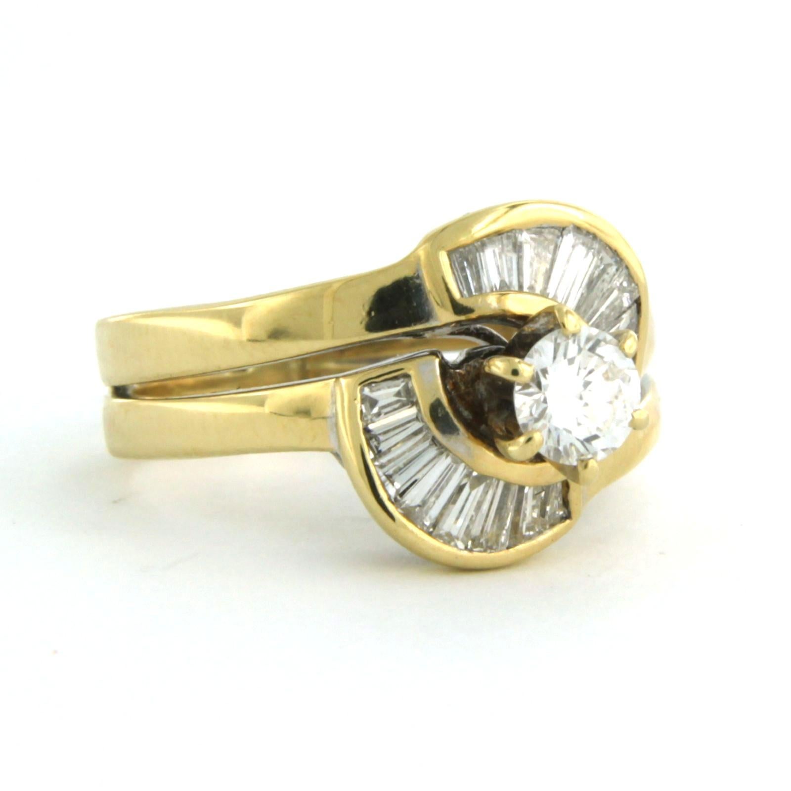 18k yellow gold ring set with baguette and brilliant cut diamond up to 0.60ct - F/G - VS/SI - ring size US 5.25 - EU 16 (50)

detailed description:

the ring is approximately 1.2 cm wide

ring size US 5.25 - EU 16 (50), ring can be enlarged or