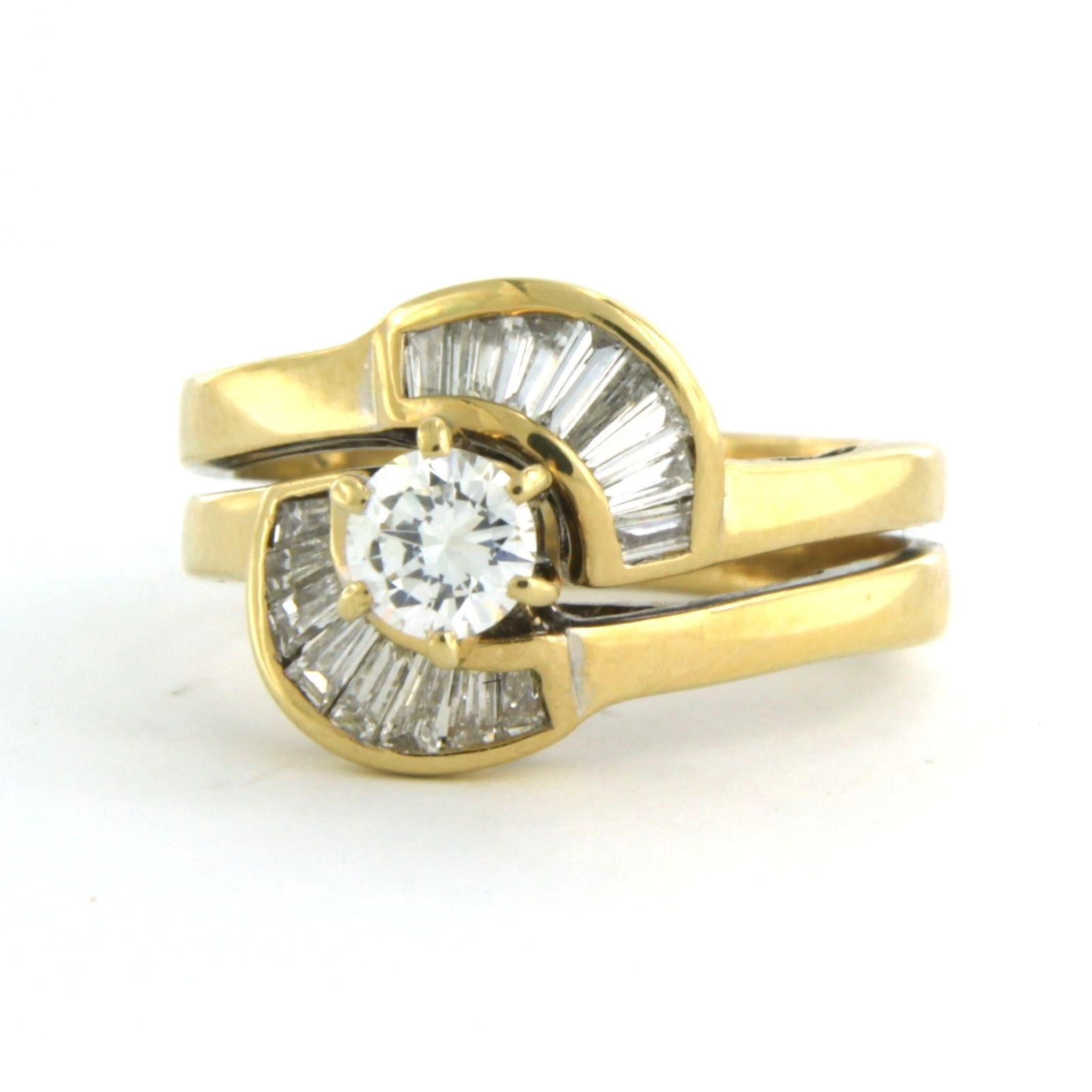 Modern Ring set with baguette and brilliant cut diamond 0.60ct, 18k gold For Sale