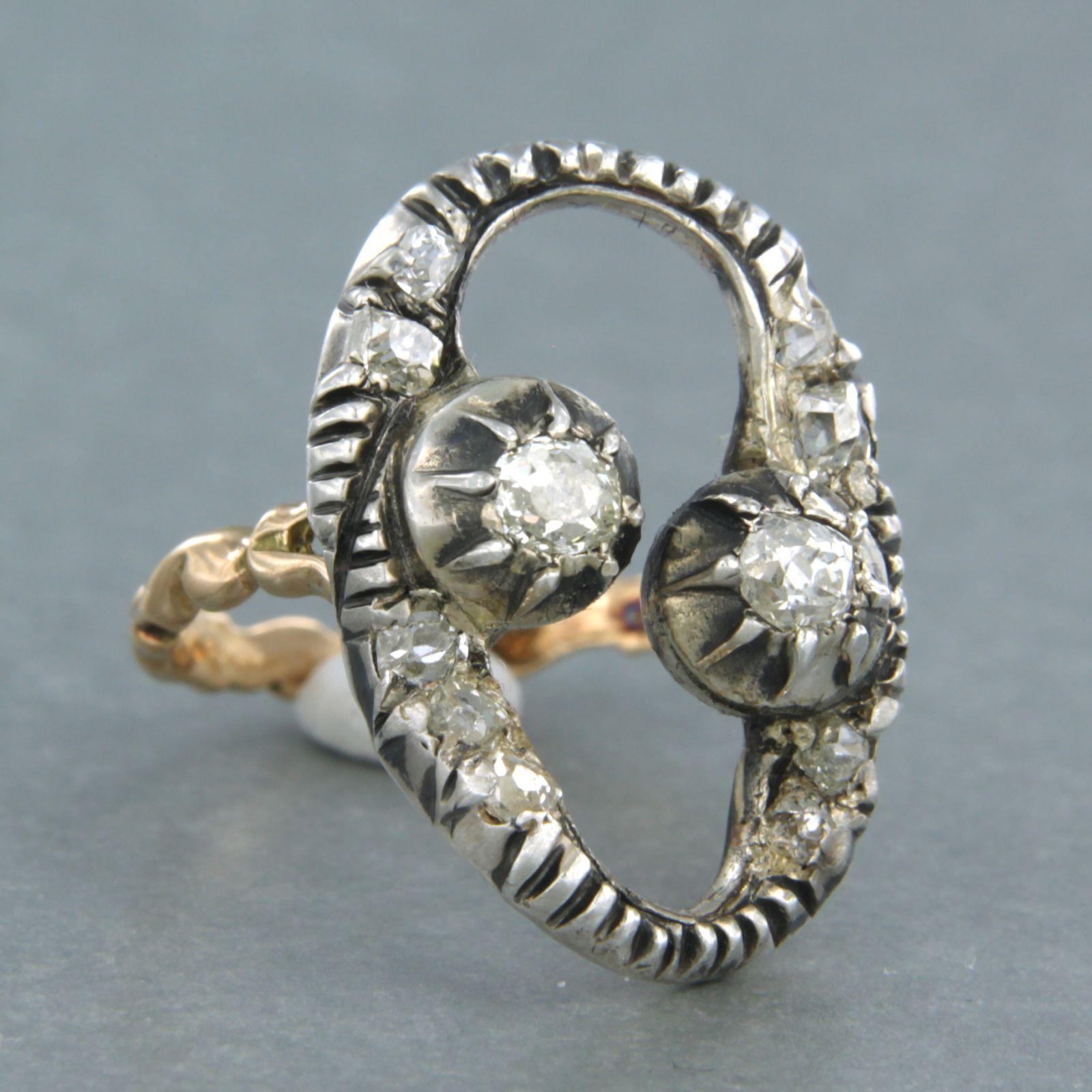 Art Nouveau Ring set with old mine cut diamonds up to 1.00ct 14k gold with silver For Sale