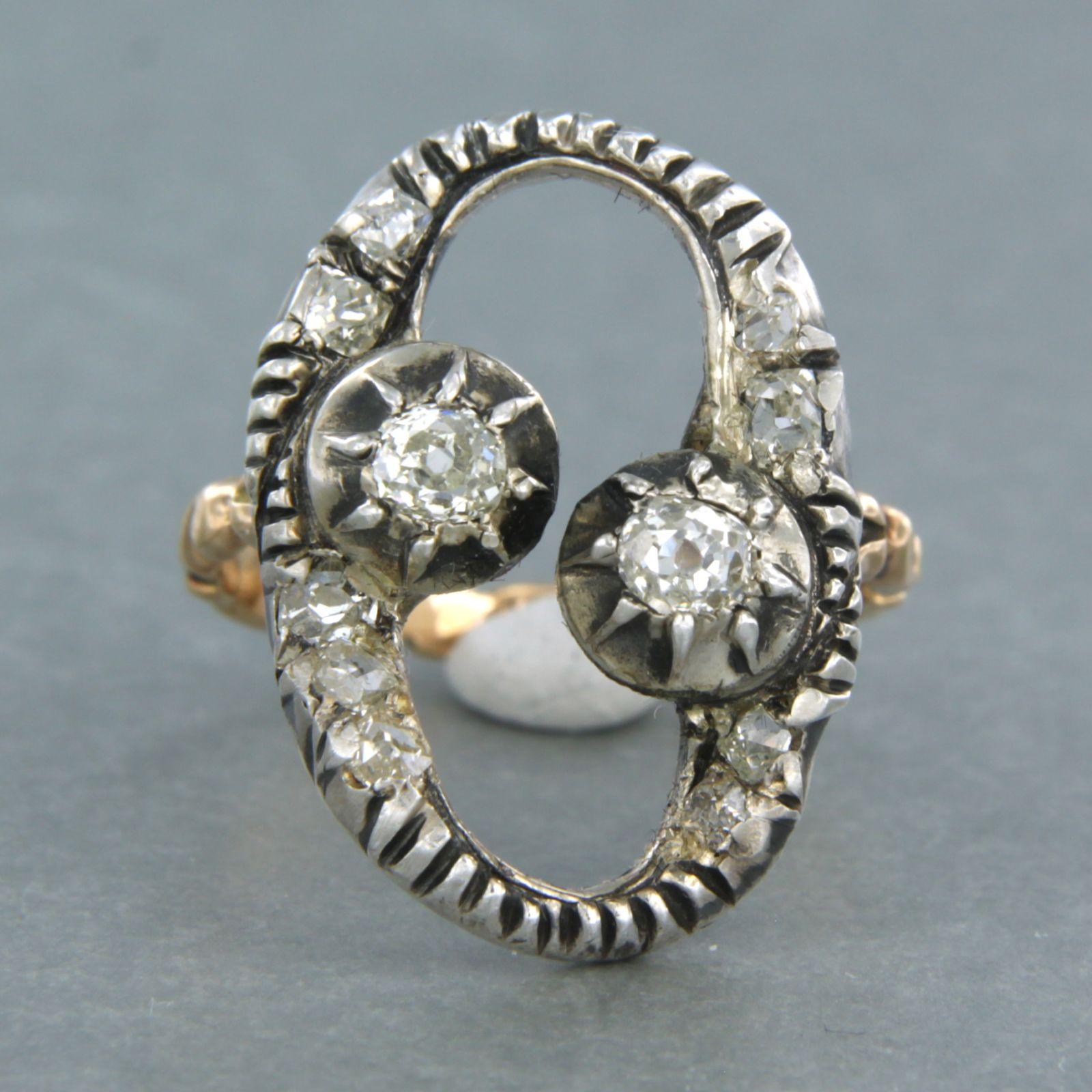 Old Mine Cut Ring set with old mine cut diamonds up to 1.00ct 14k gold with silver For Sale