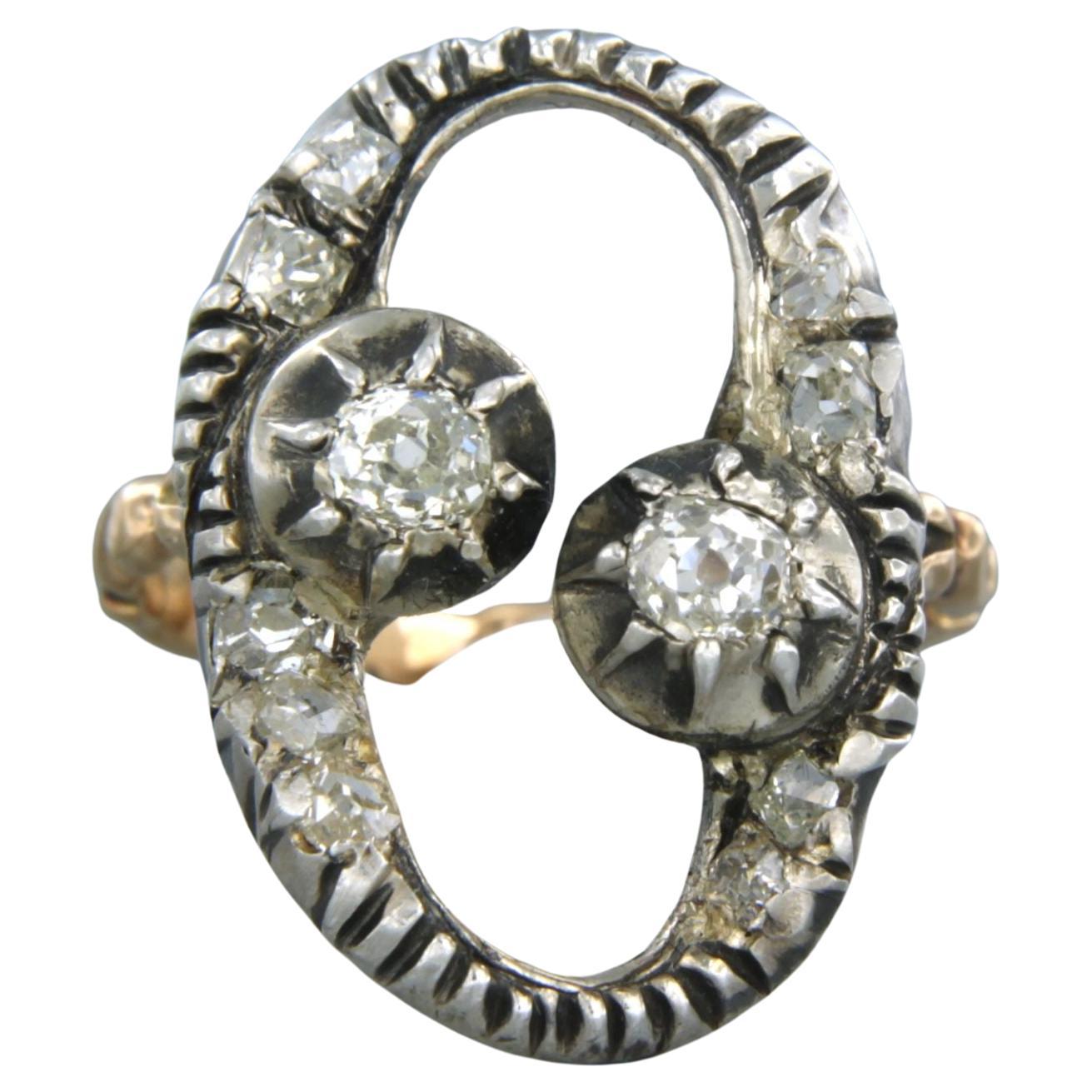 Ring set with old mine cut diamonds up to 1.00ct 14k gold with silver For Sale