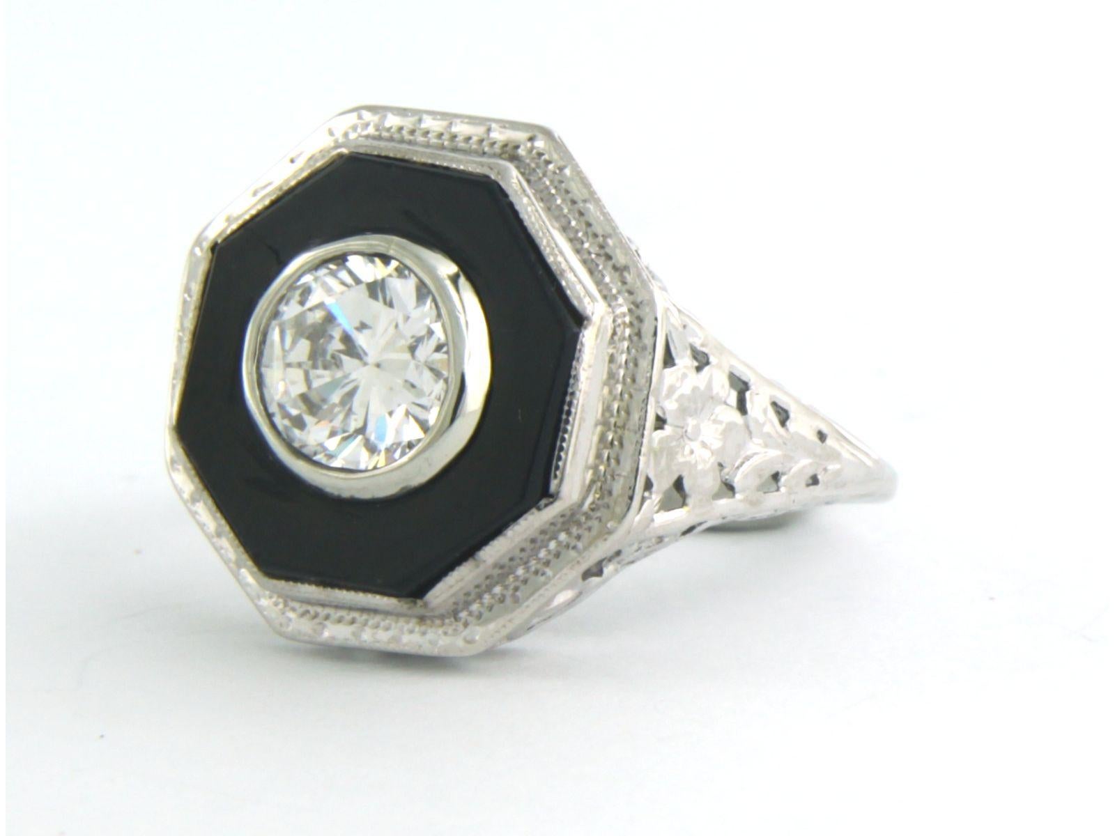 Art Deco Ring set with onyx brilliant diamond up to 0.80ct 18k white gold  For Sale