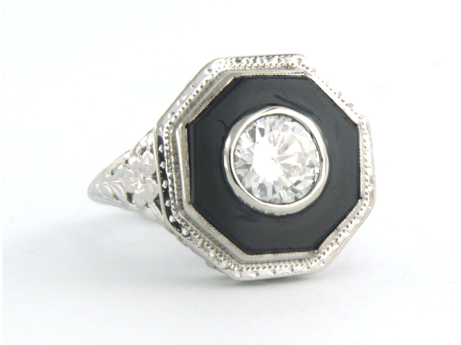 Brilliant Cut Ring set with onyx brilliant diamond up to 0.80ct 18k white gold  For Sale
