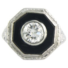 Antique Ring set with onyx brilliant diamond up to 0.80ct 18k white gold 