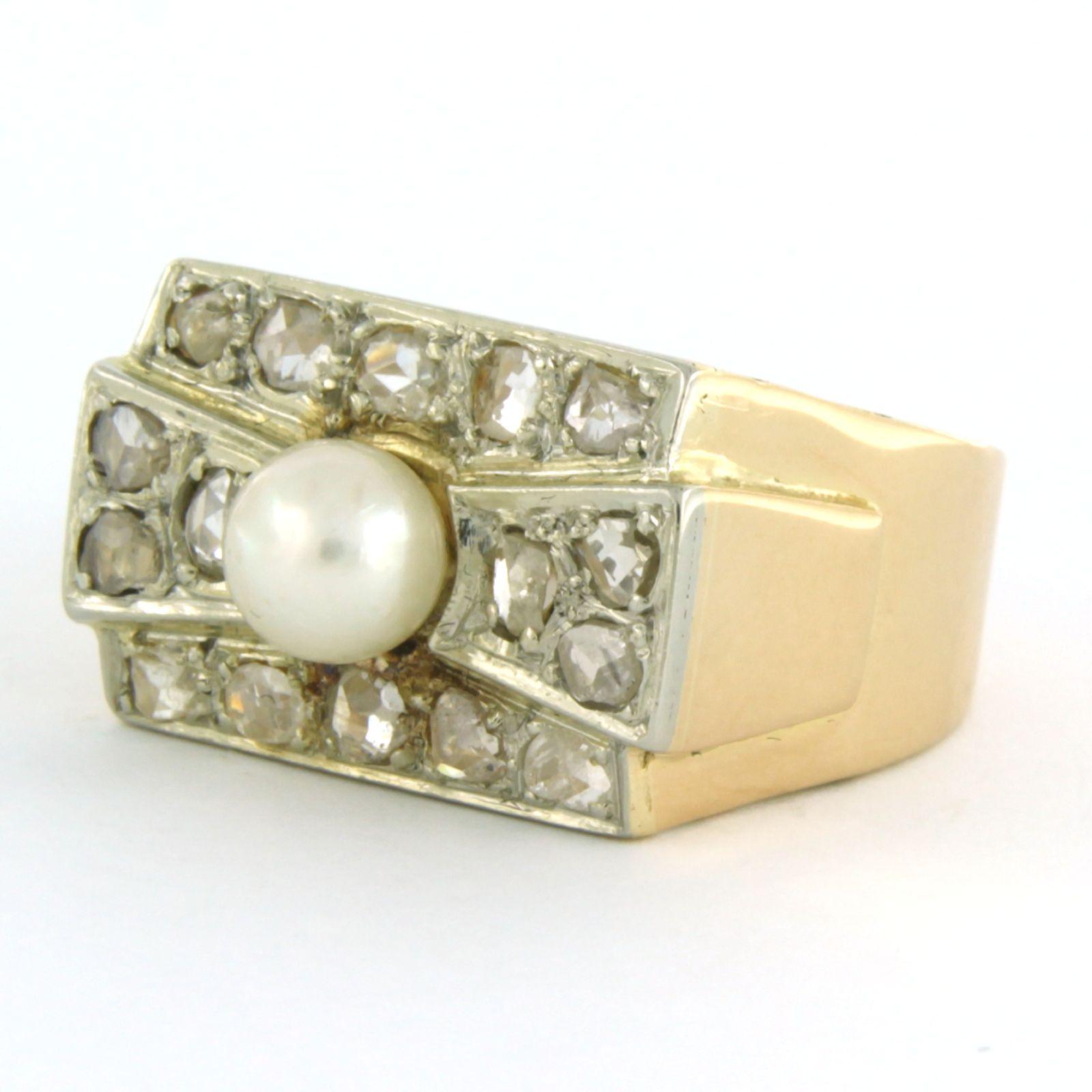 Old Mine Cut Ring with pearl and rose cut diamond 0.20 ct, 18k bicolor gold For Sale