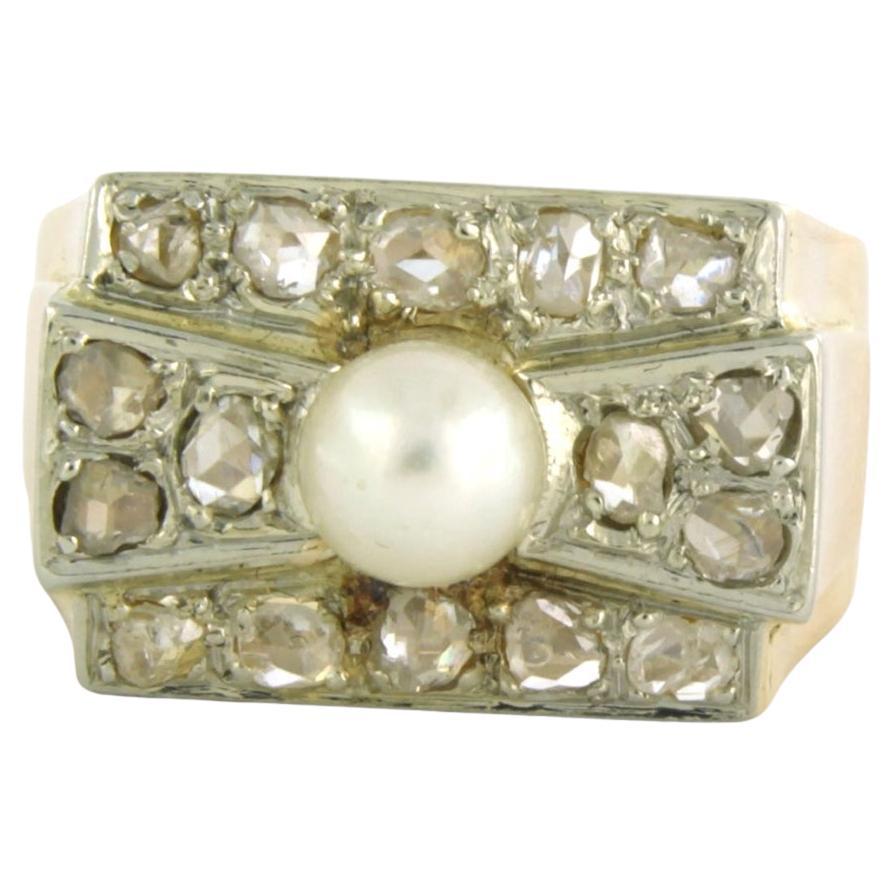Ring with pearl and rose cut diamond 0.20 ct, 18k bicolor gold