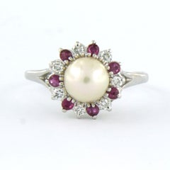 Ring set with pearl, ruby and brilliant cut diamonds 0.23 ct, 14k gold 3.1 grams